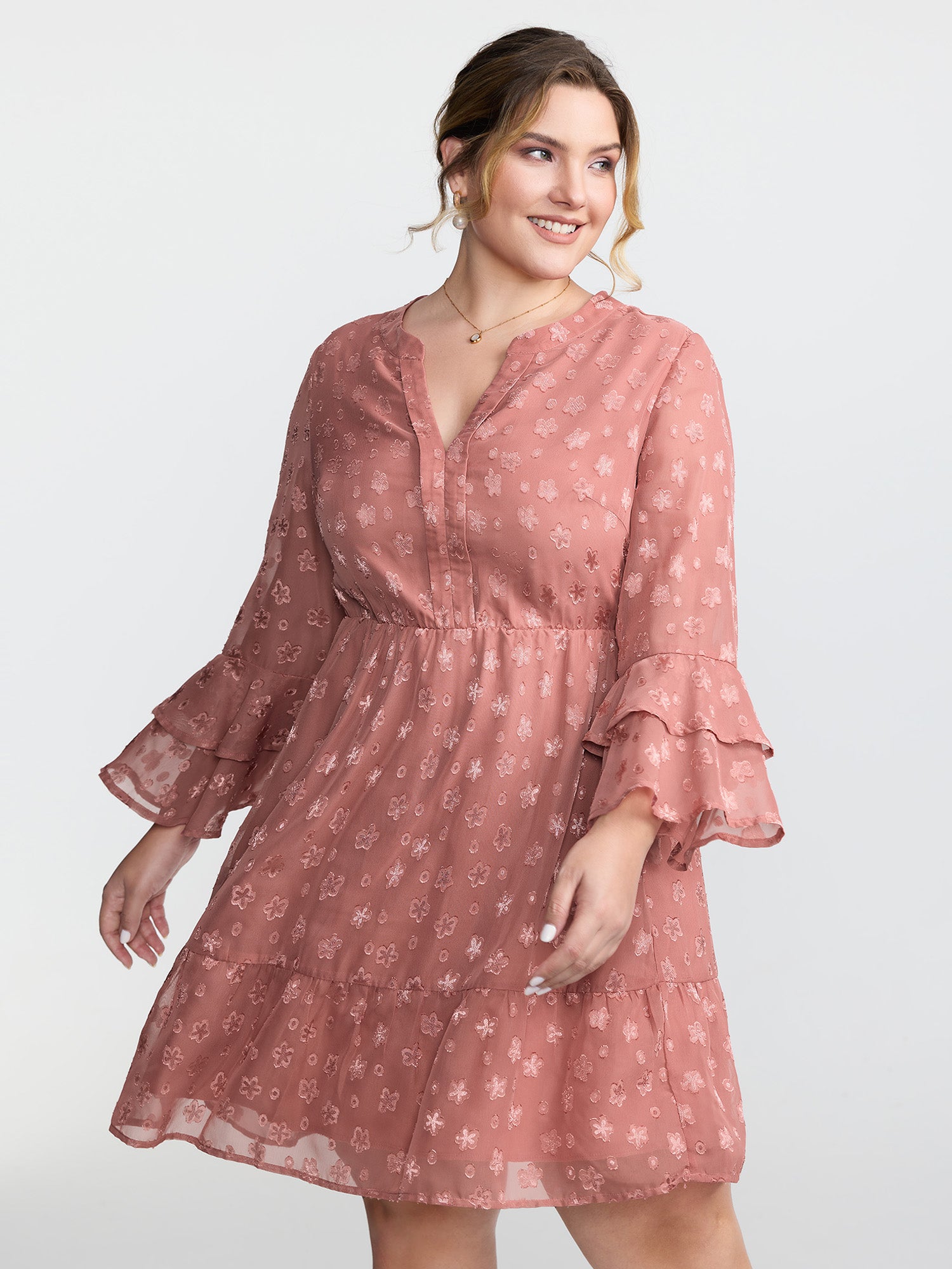 Floral Textured Layered Sleeve Sheer Mini Dress