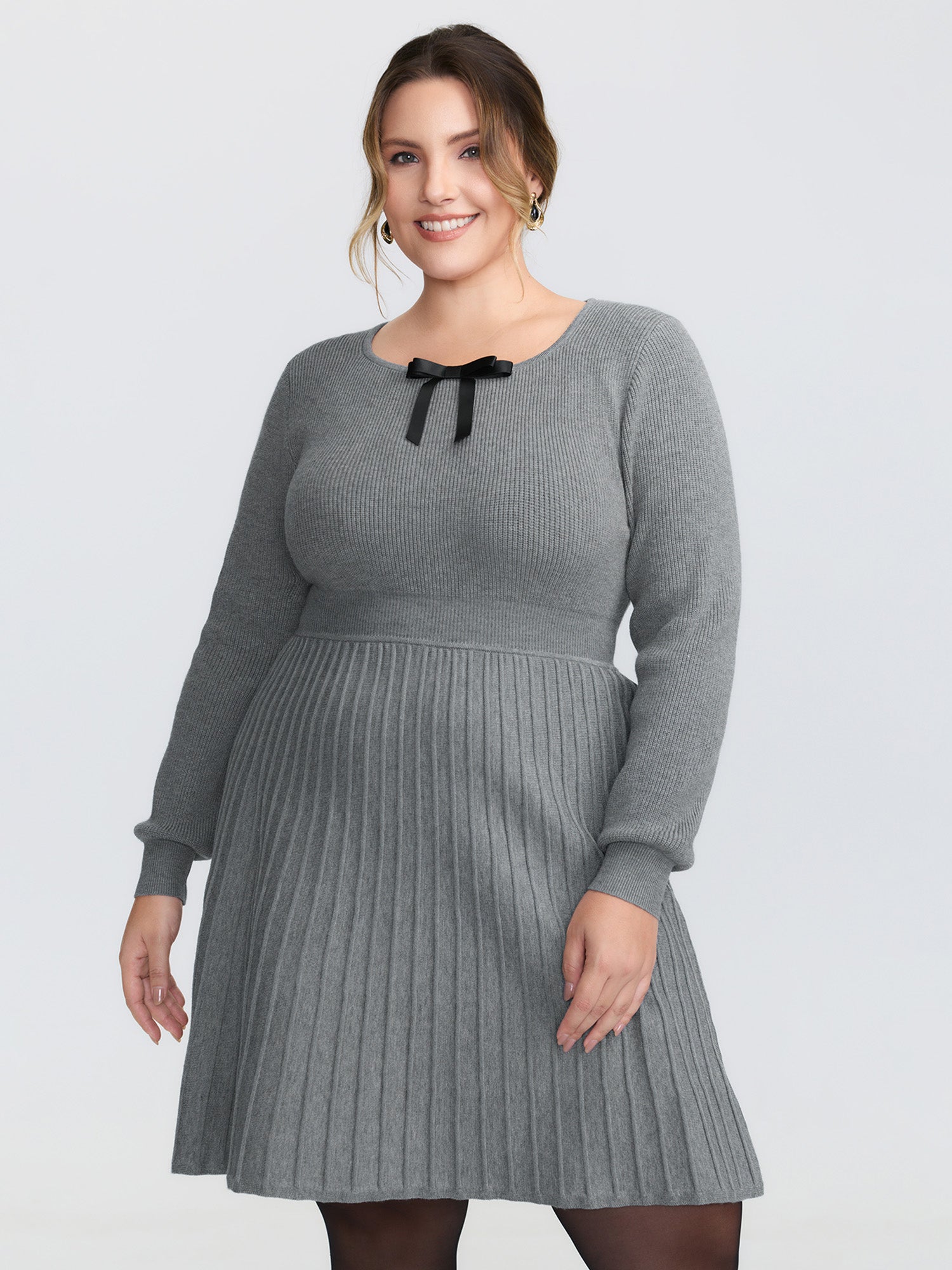 Bowknot Neckline Cinched-Waist A-Line Sweater Dress