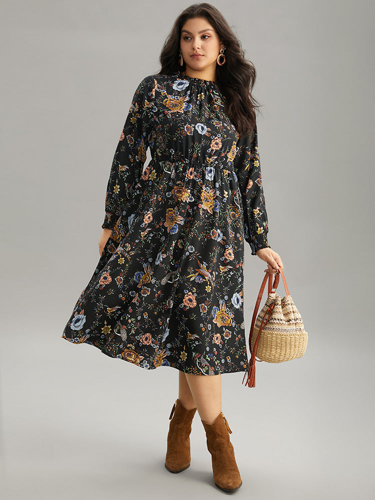 Floral Print Shirred Gathered Stand Collar Dress