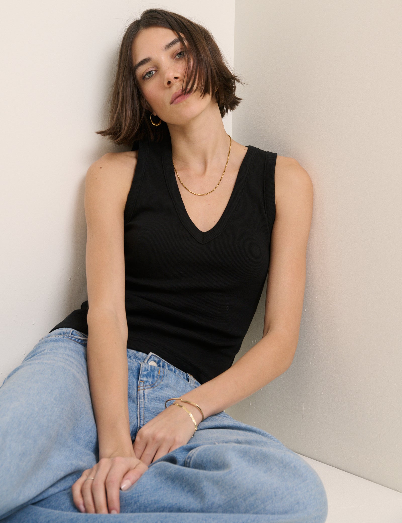 Black Ribbed V-Neck Vest