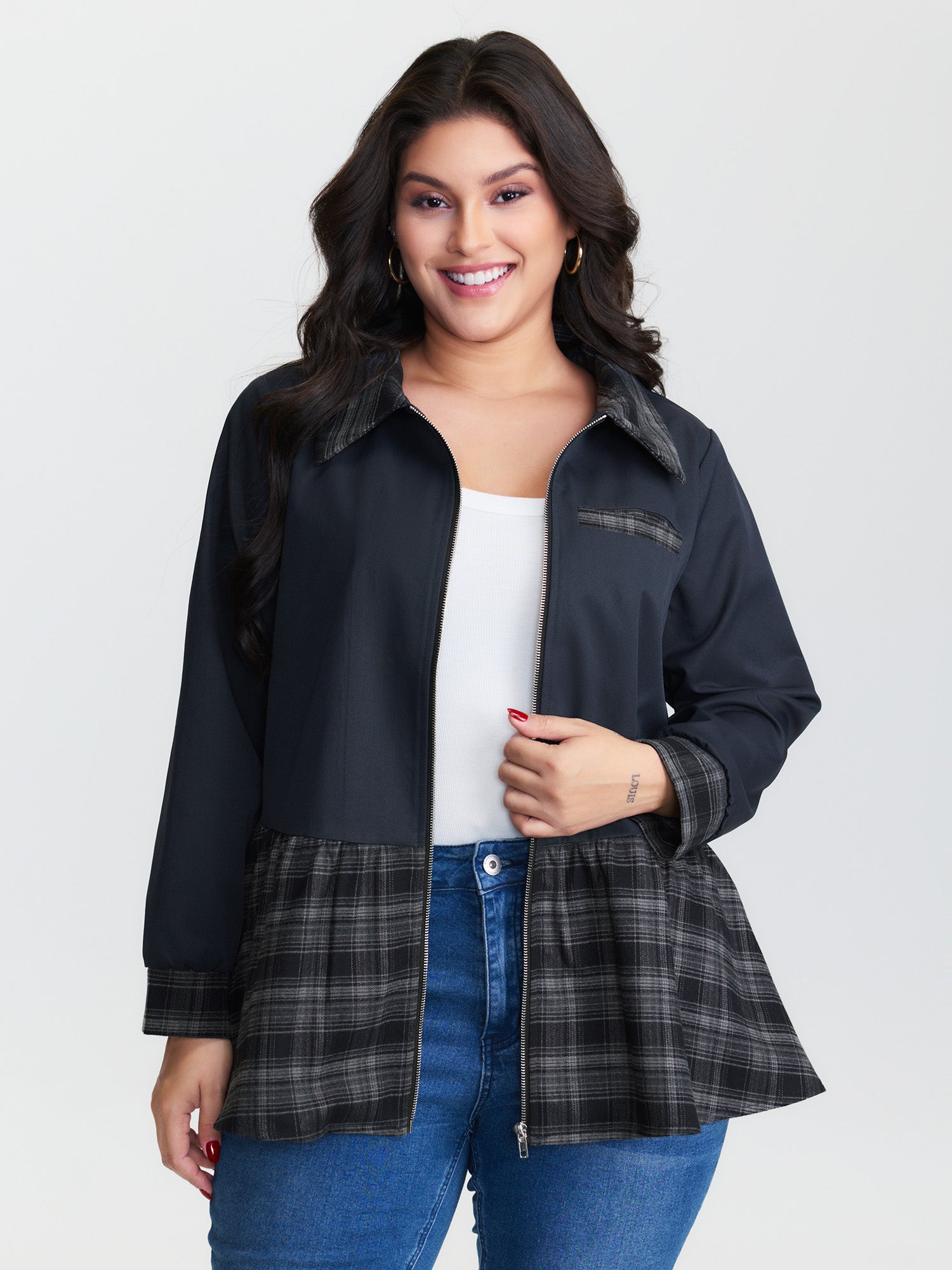 Checkered Zipper Front Pockets Jacket