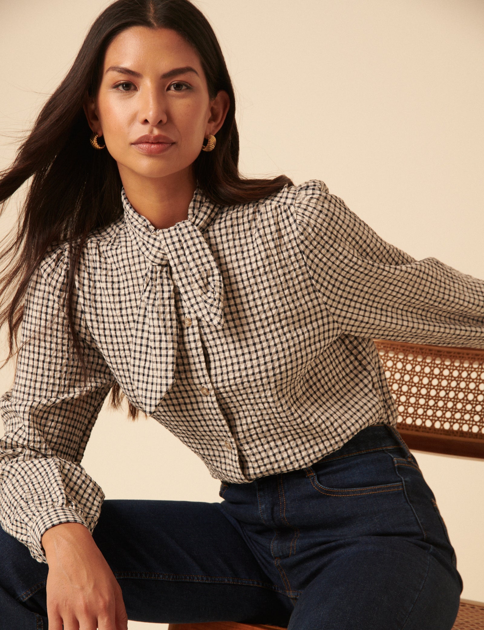 White Check Tie Neck Shirt