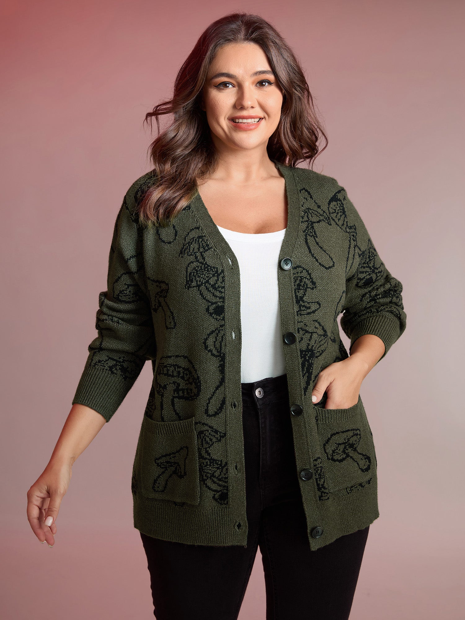 Supersoft Mushroom Print Button-Down Cardigan