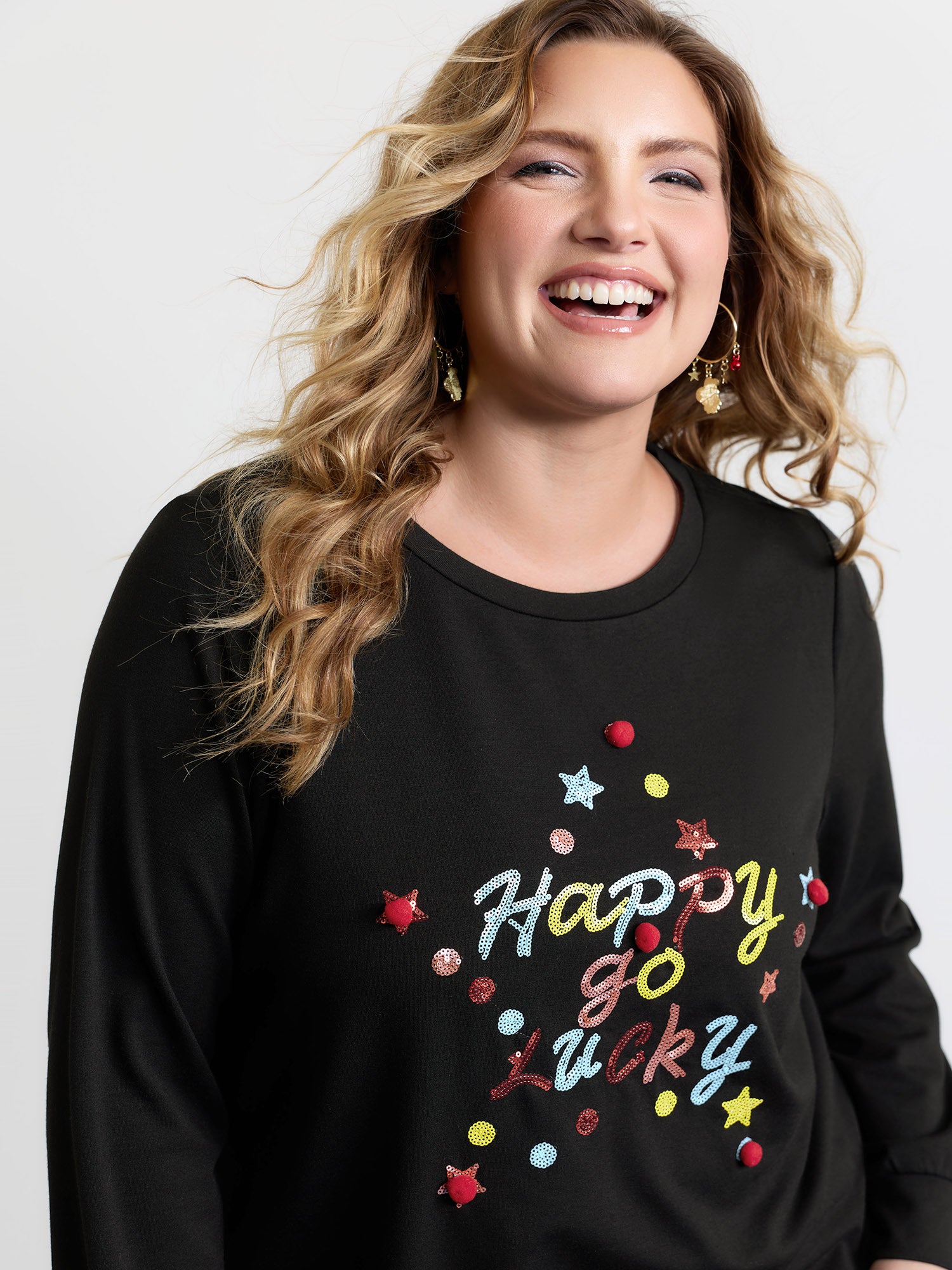 Happy Go Lucky Sequin Embroidery Sweatshirt
