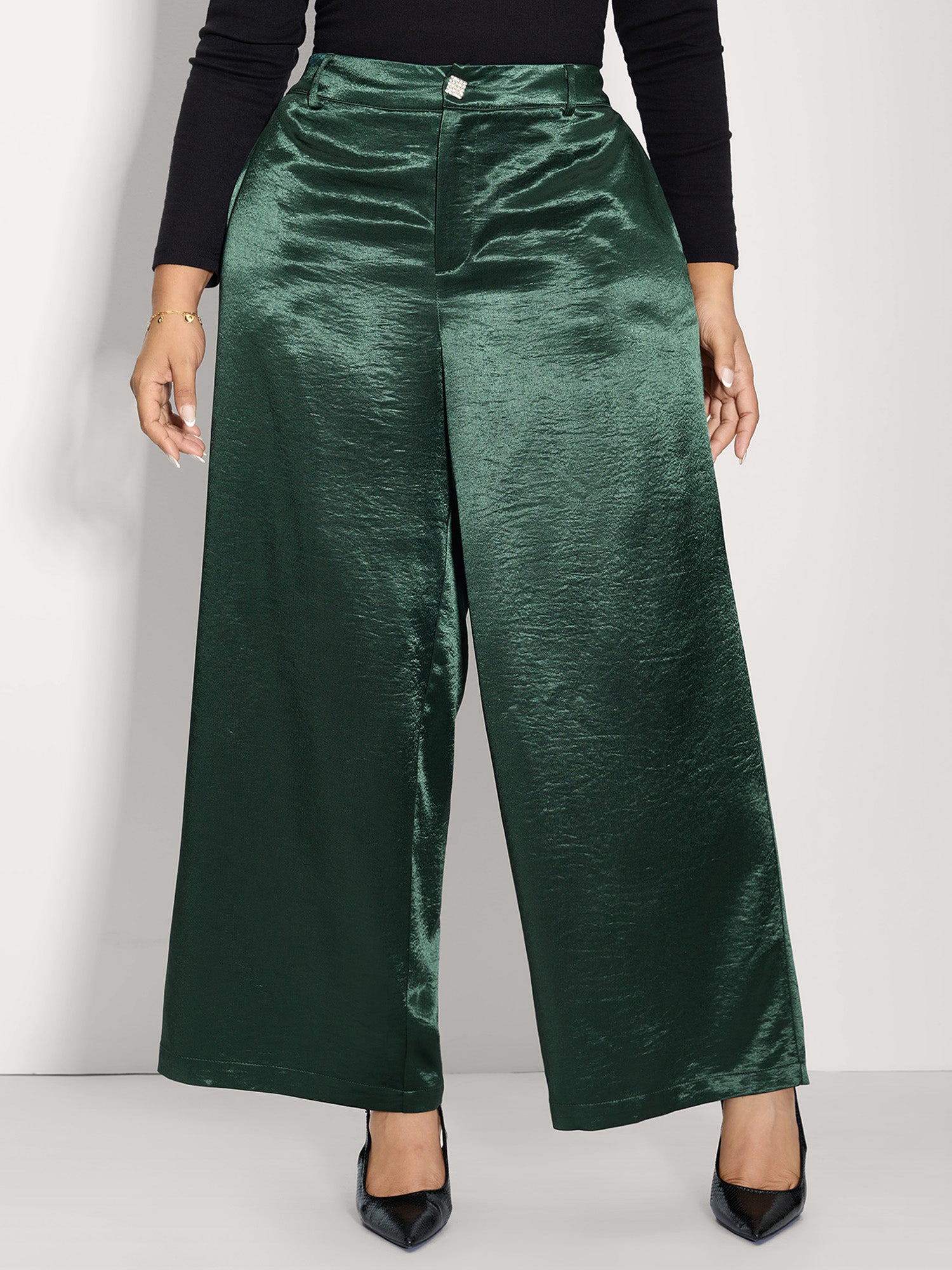 Satin Button Detail Straight-Leg Pants
