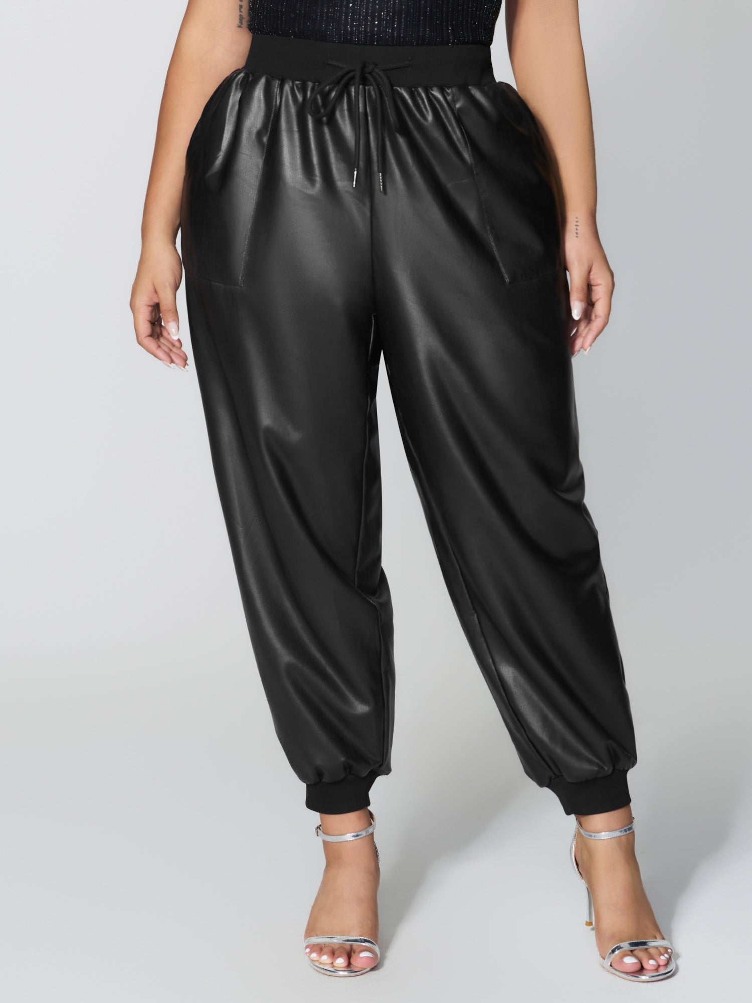 Ribbed Trim Spliced Leather Drawstring Pants