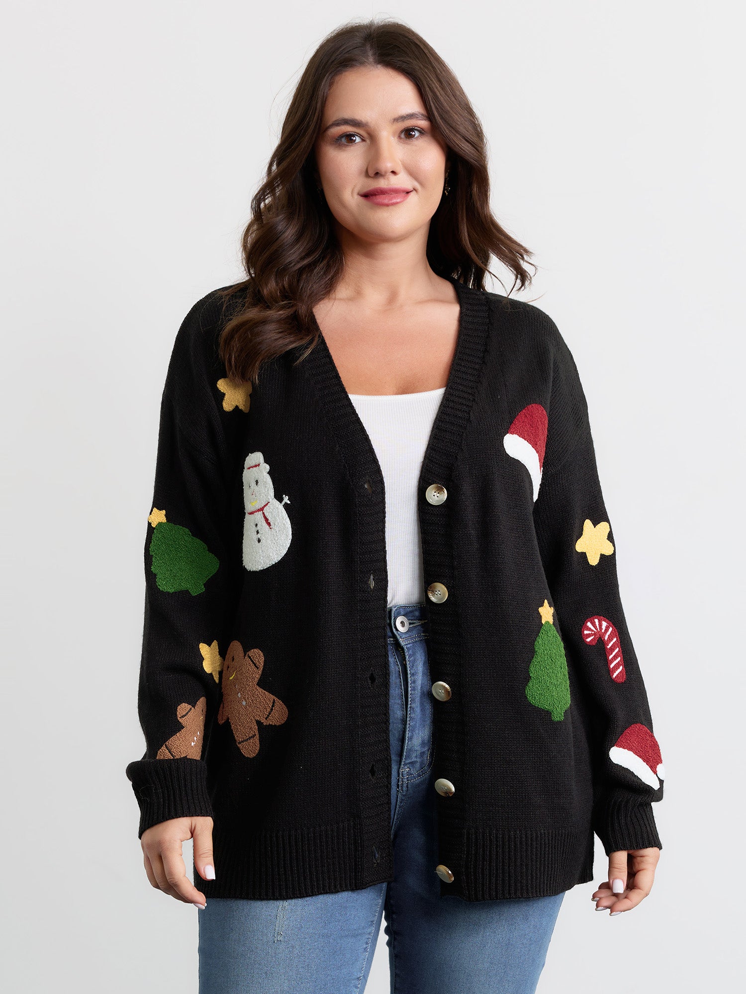 Gingerbread Santa Embroidery Knit Cardigan