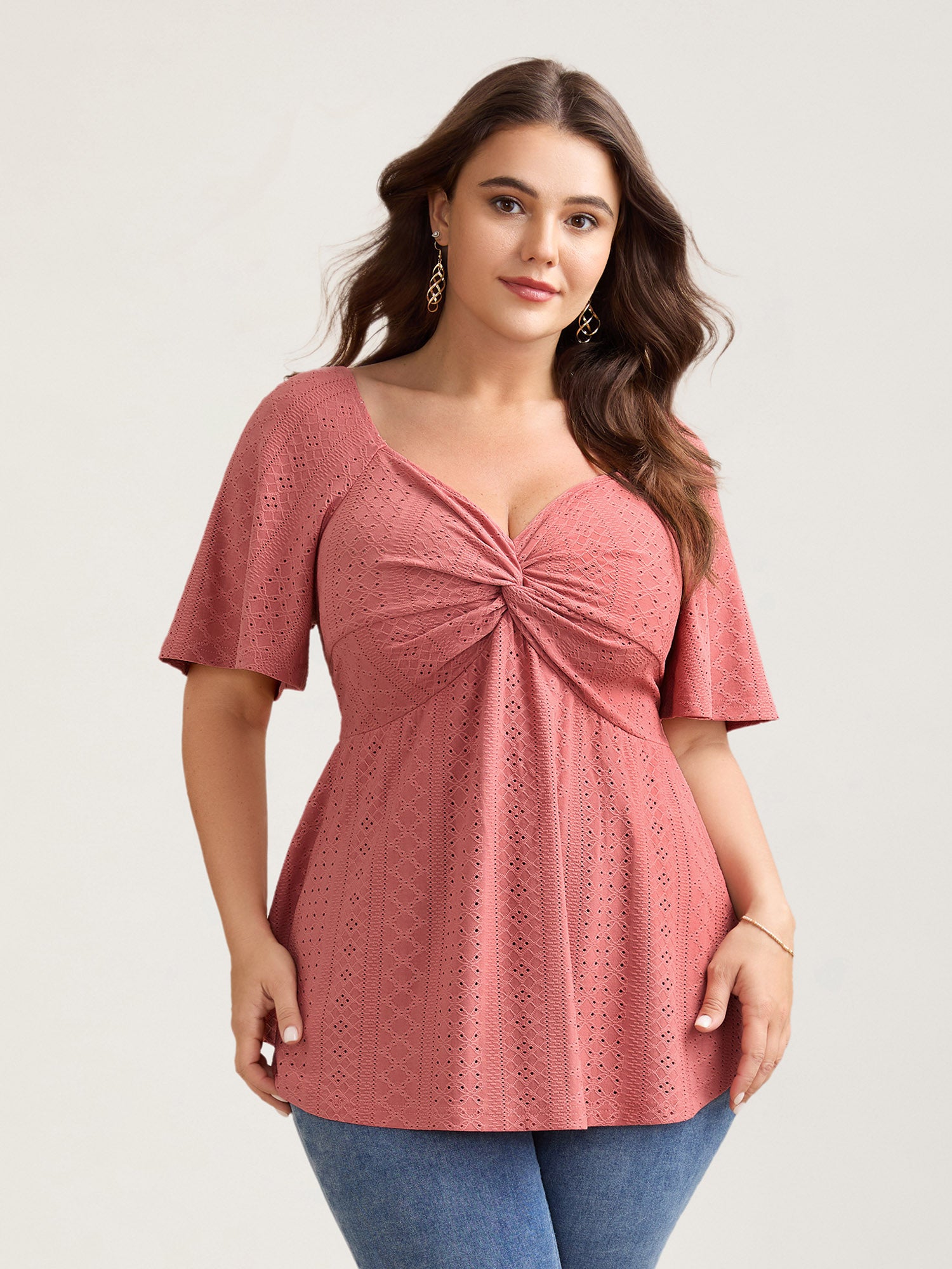 Textured Front-Twist Eyelet Trim Plain Top