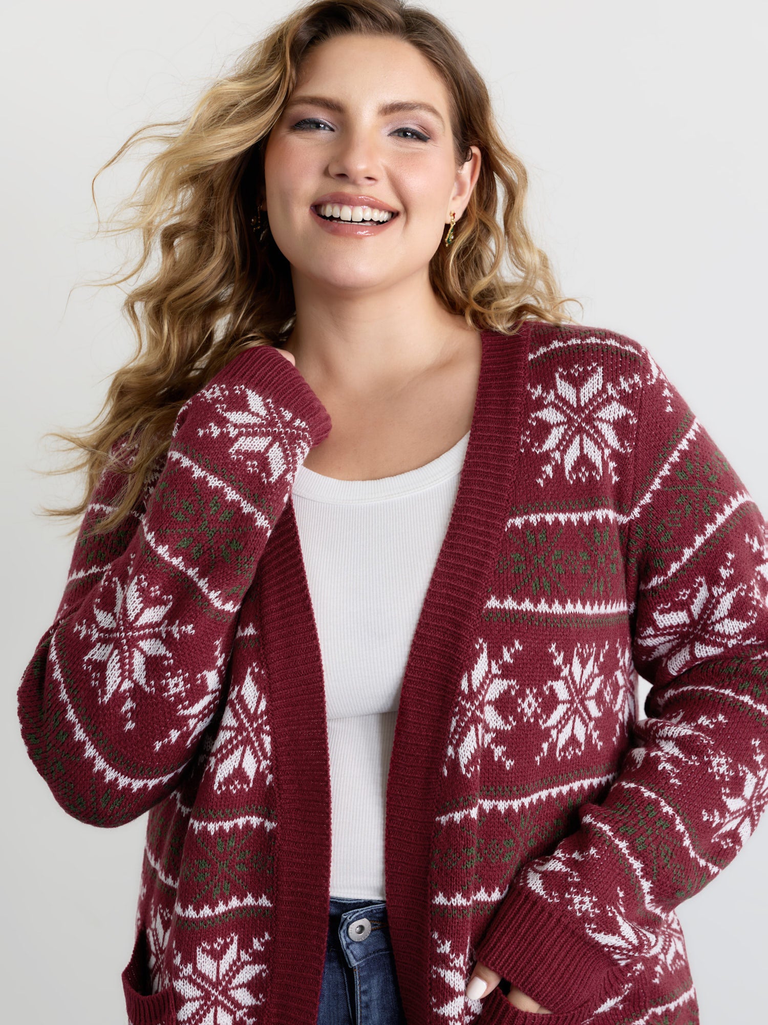 Holiday Curvy Hem Ribbed Knit Cardigan