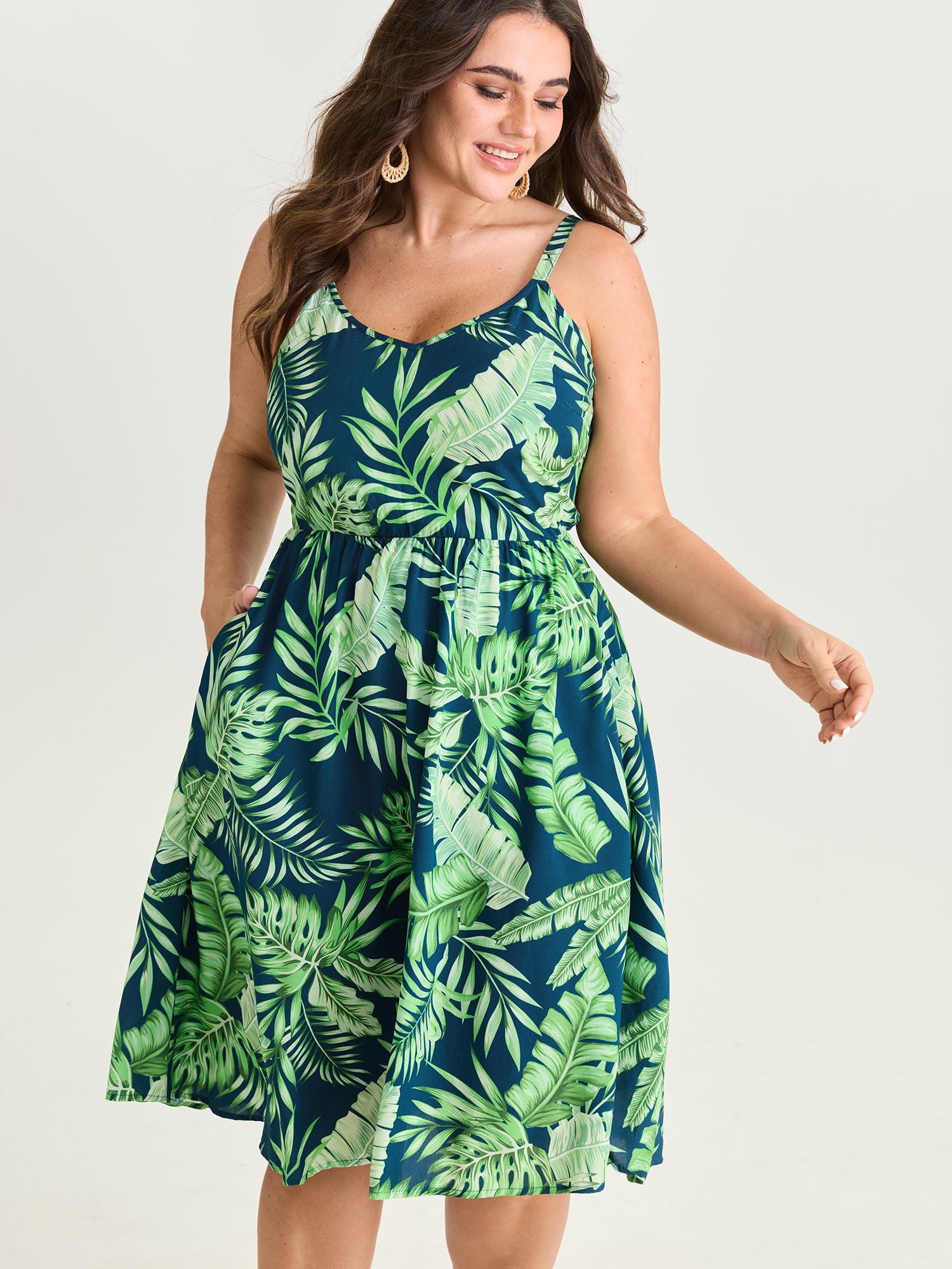 Tropical Plant Print V-Neck Midi Dress