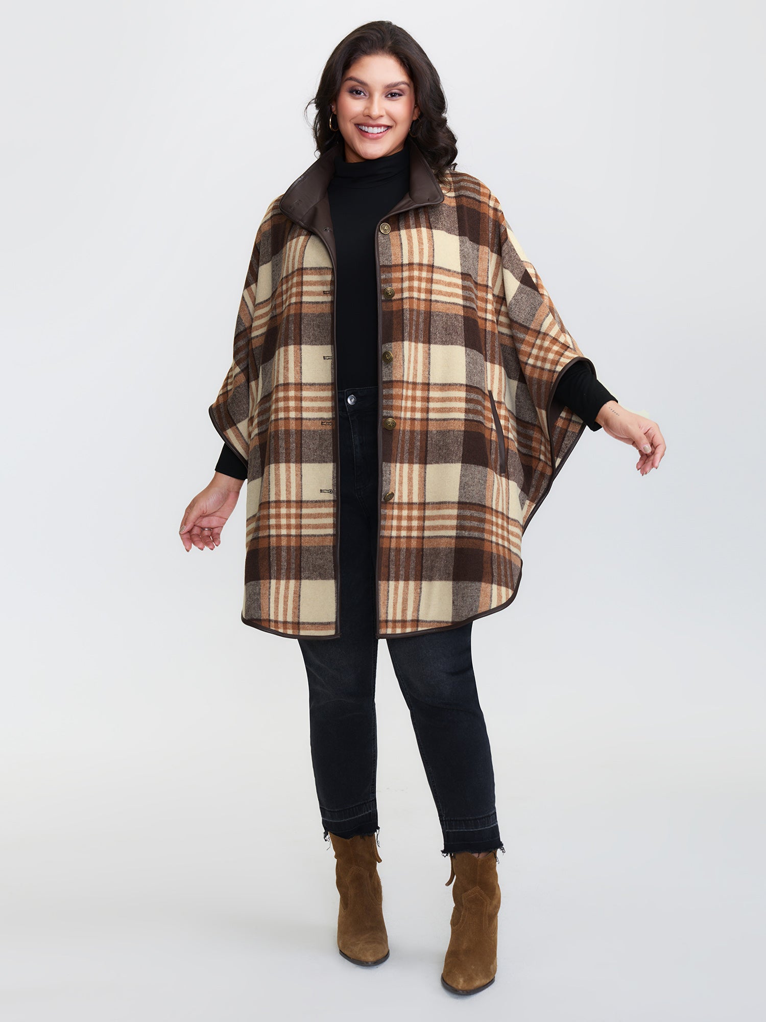 Plaid Print Collar Pockets Coat