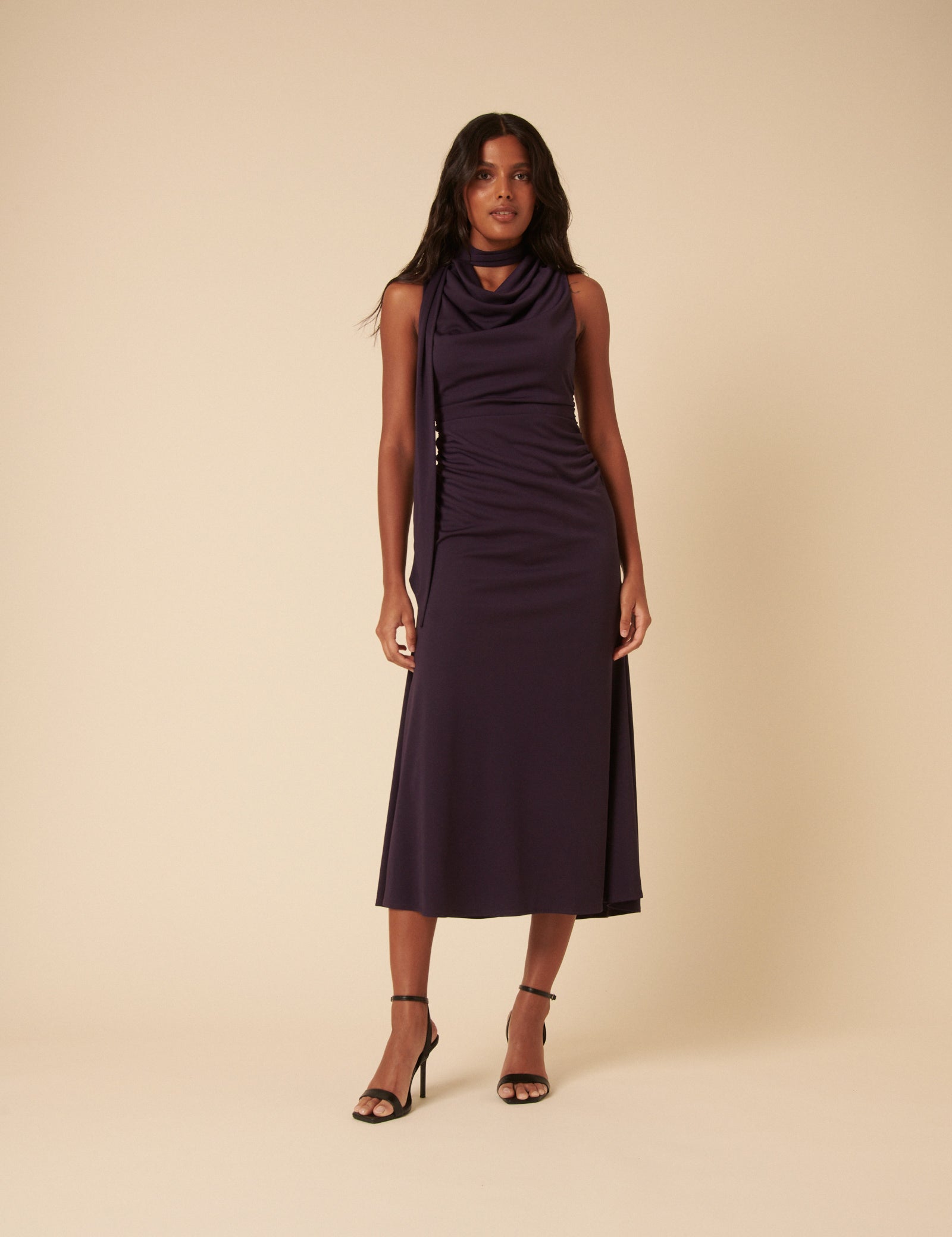 Purple Scarf Neck Detail Jersey Seren Midi Dress