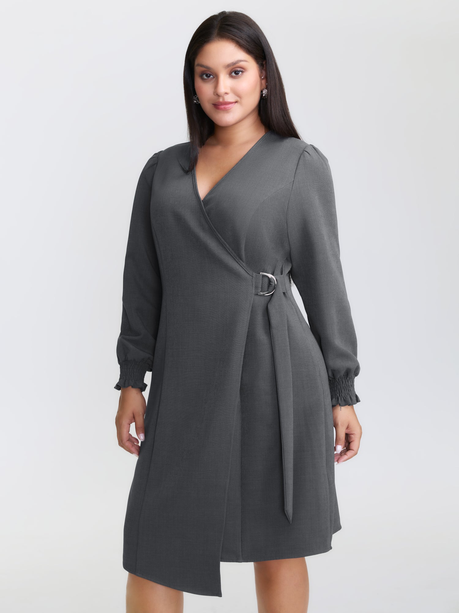 Side Buckle Cinched-Waist Faux Wrap Midi Dress