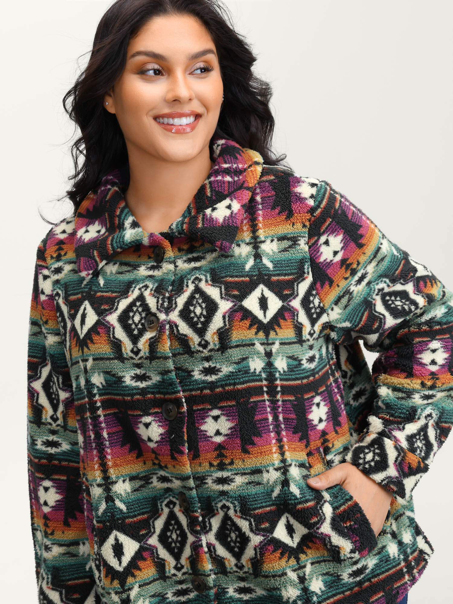 Geometric Velvet Button Pockets Coat