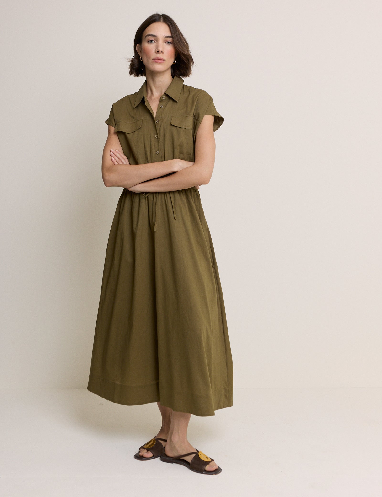 Khaki Mason Shirt Midi Dress