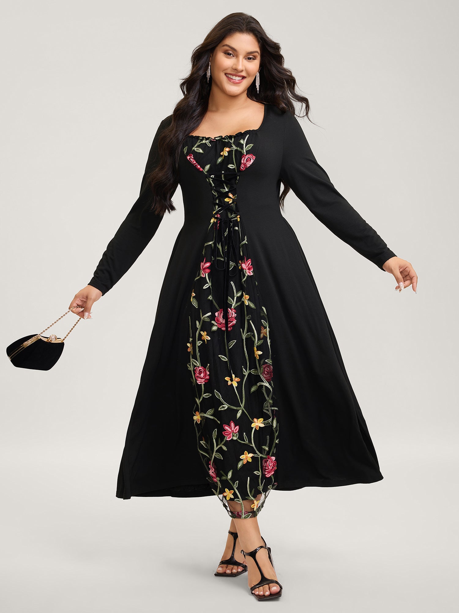 Floral Waist-Tie Contrast Maxi Dress