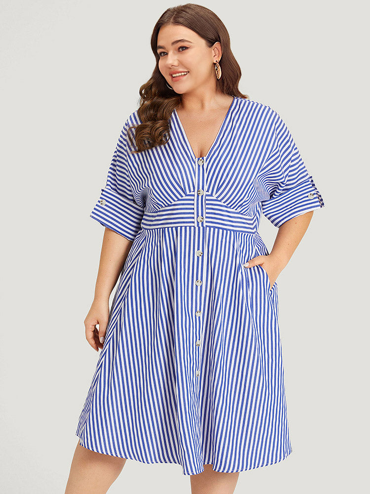 V Neck Striped Pocket Ruffle Hem Button Detail Dress