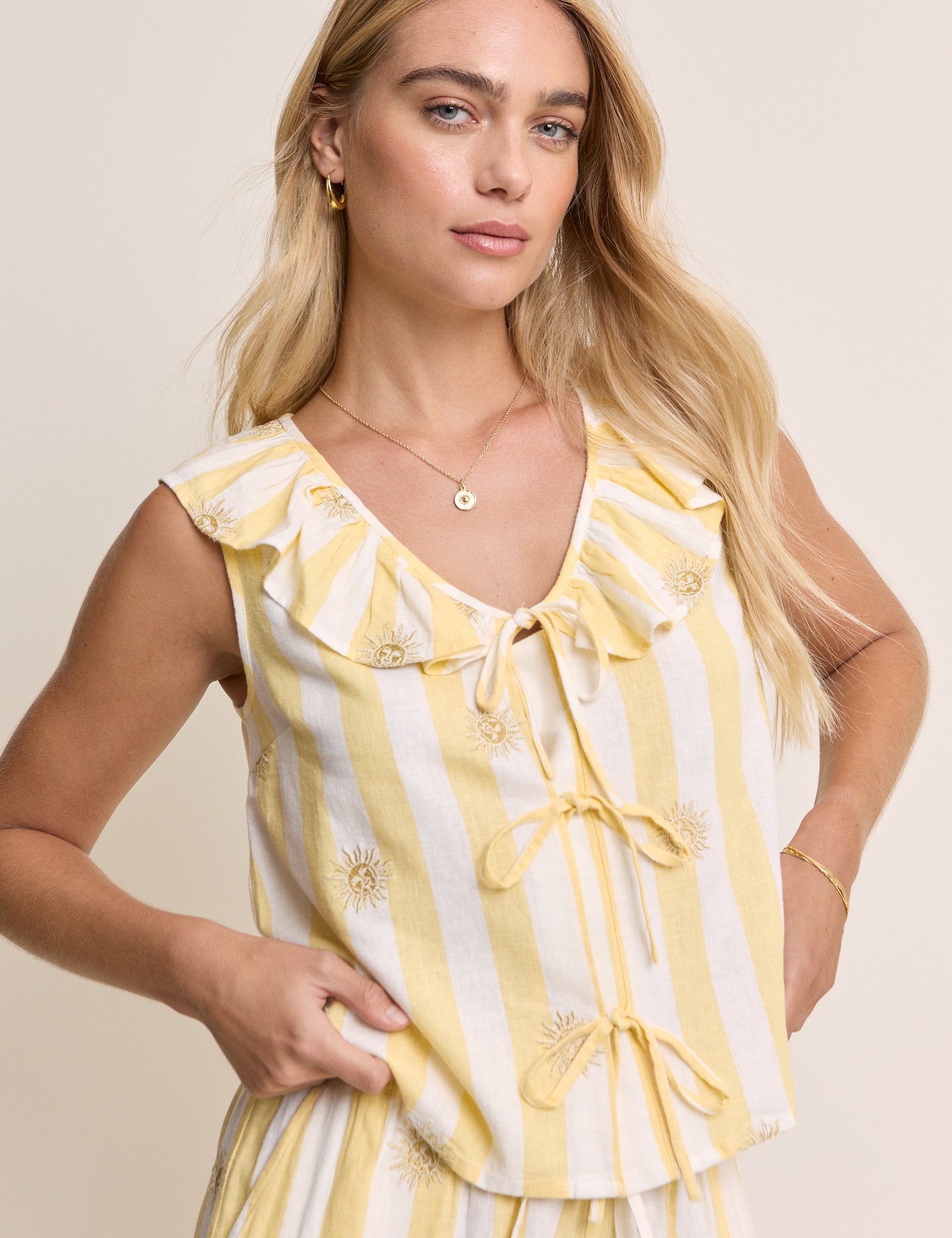 Yellow Striped Tie Front Linen-Blend Top