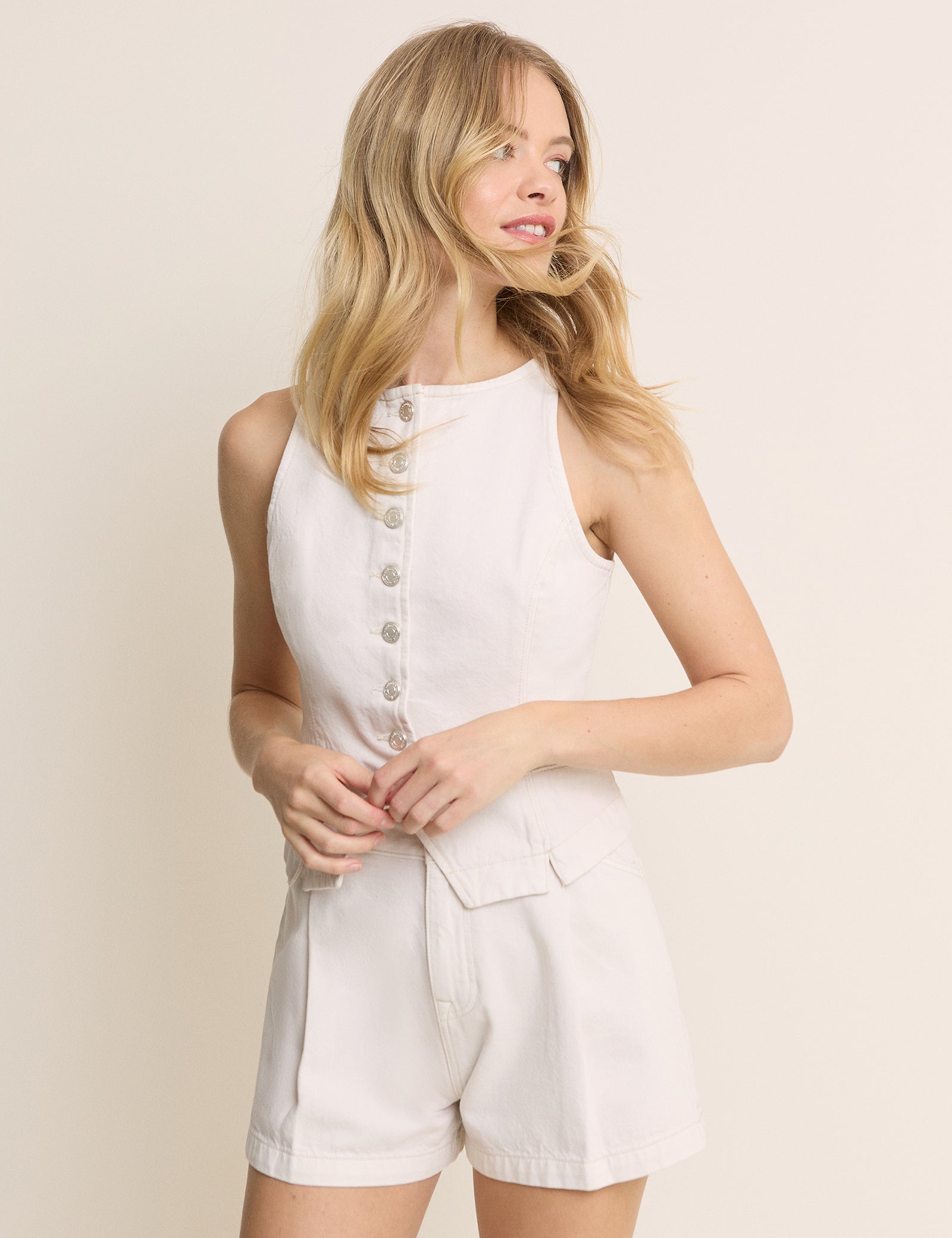 White Denim Boat Neck Emerald Waistcoat