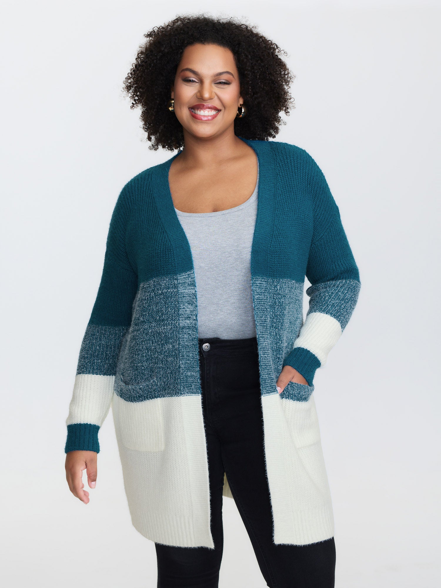 Super Stretchy Colorblock Fuzzy Textured Knit Cardigan