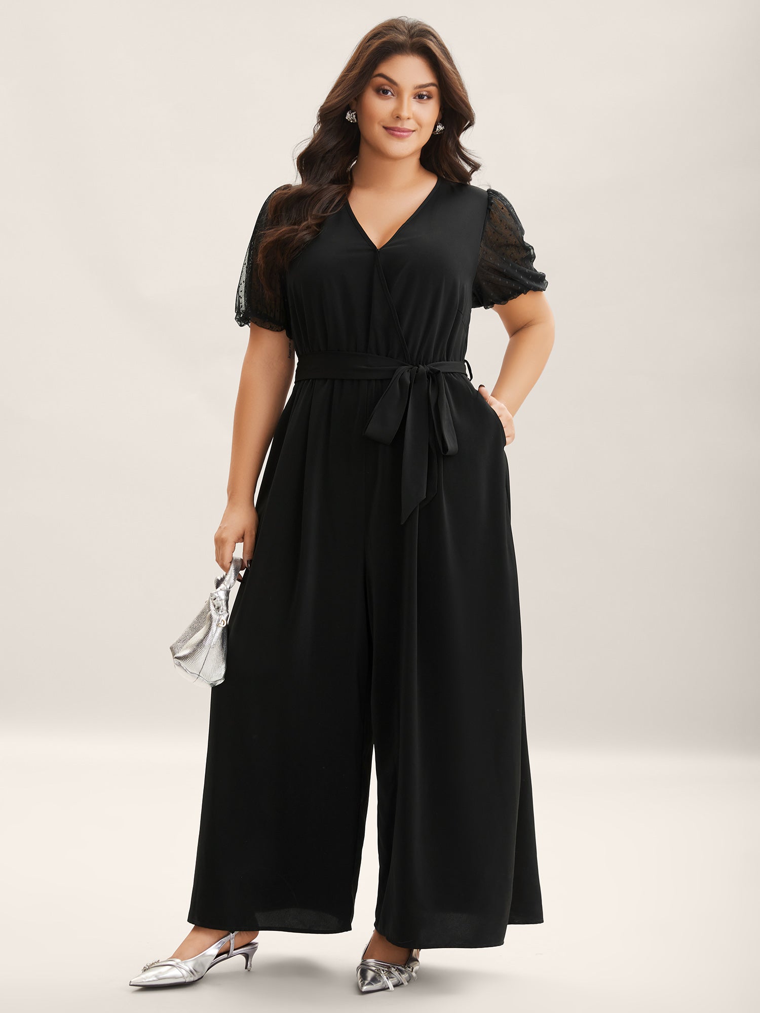 Sheer Stretchy Waist Belted Solid Jumpsuit