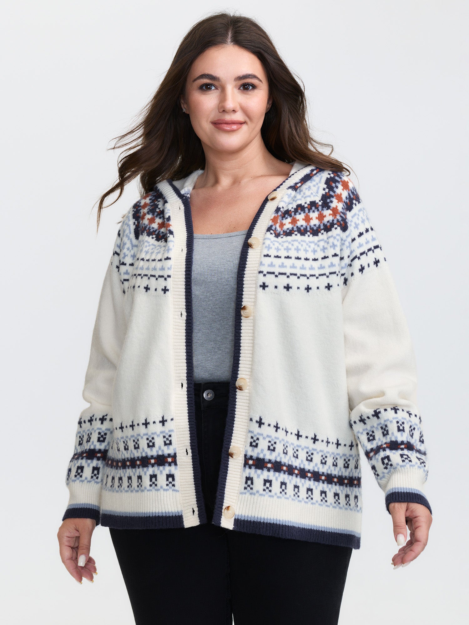 Hooded Jacquard Pattern Button Knit Cardigan