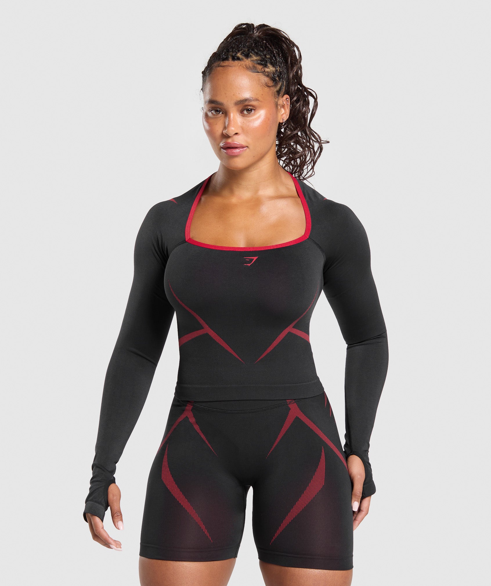 Gymshark Apex Lift Seamless Long Sleeve Crop Top - Black/Carmine Red