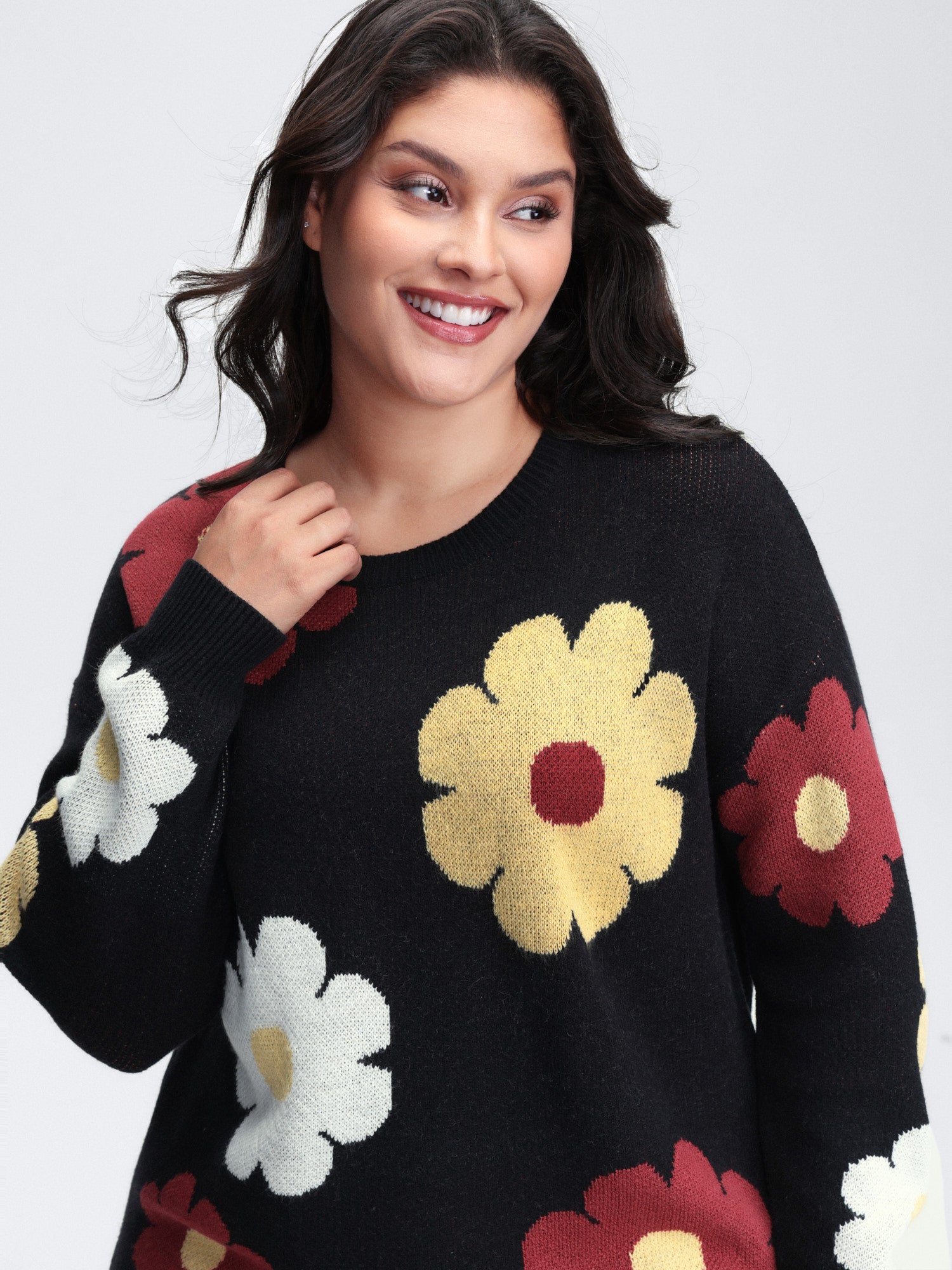 Flower Pattern Jacquard Crew Neck Pullover