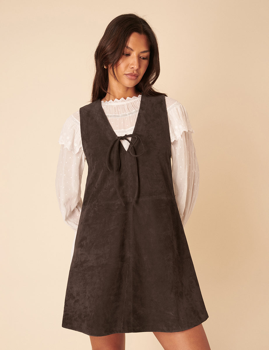 Dark Brown Suede Mini Pinafore Dress