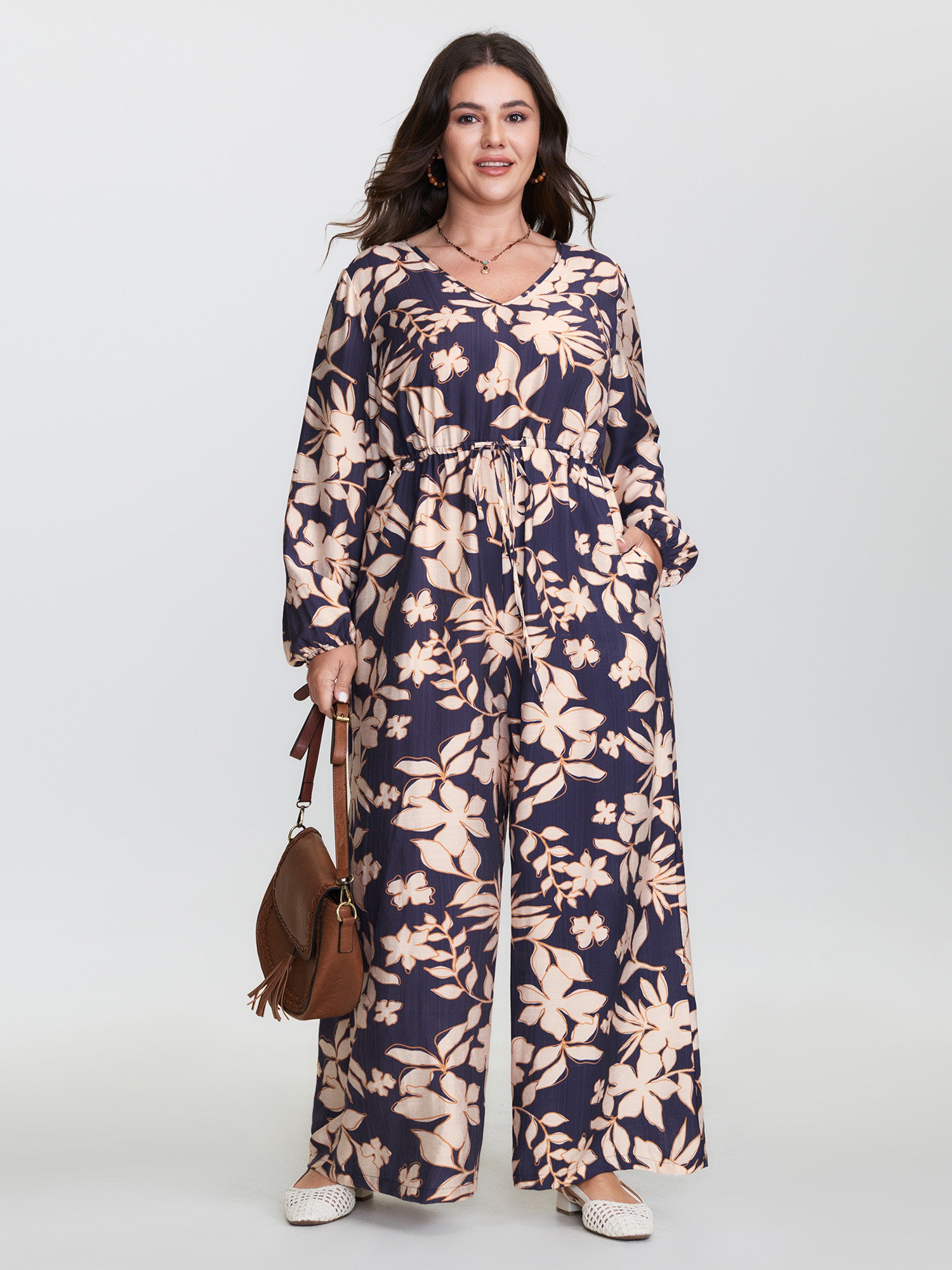 Floral Print V-Neck Drawstring Waist Jumpsuit
