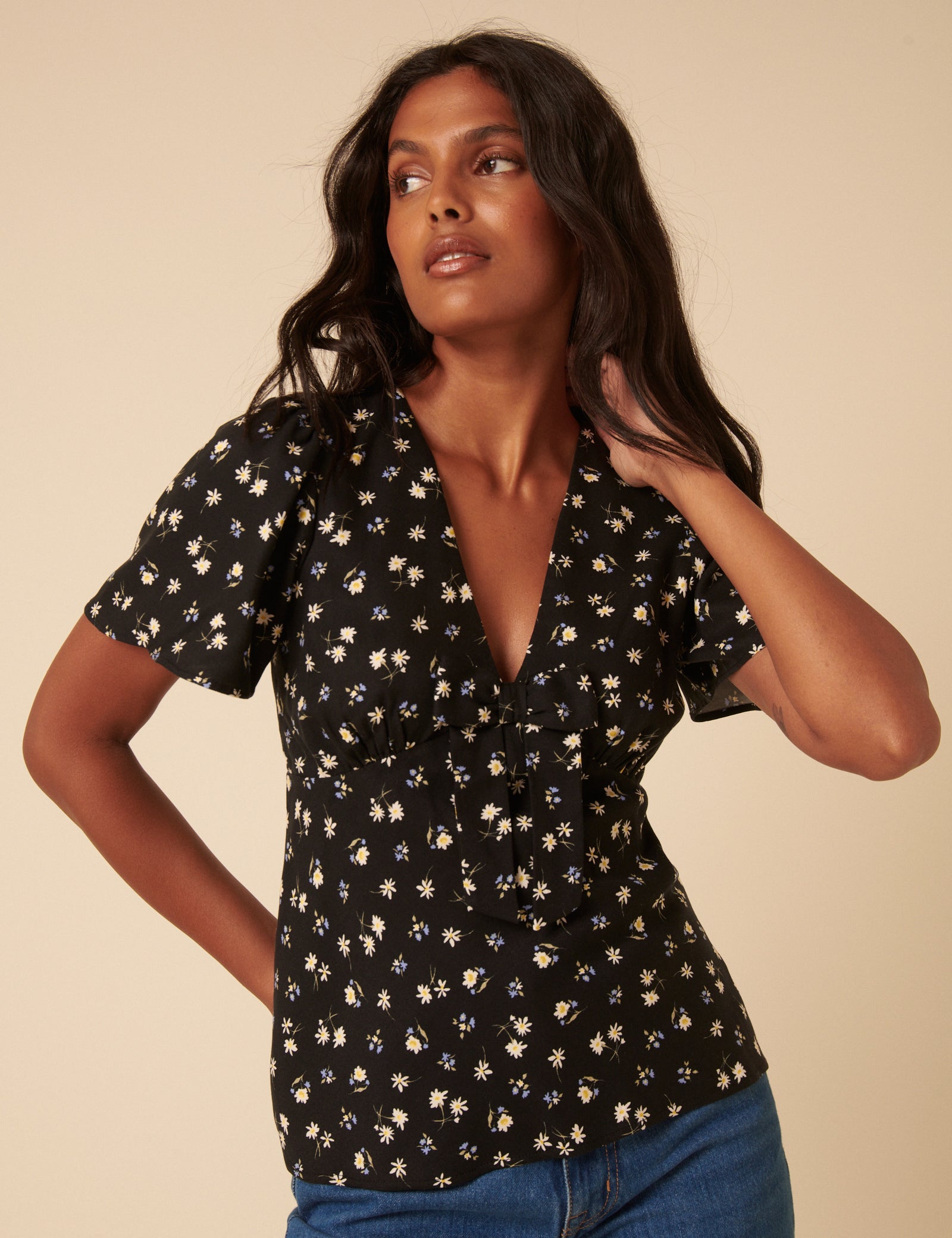 Black Ditsy Floral Frill Top