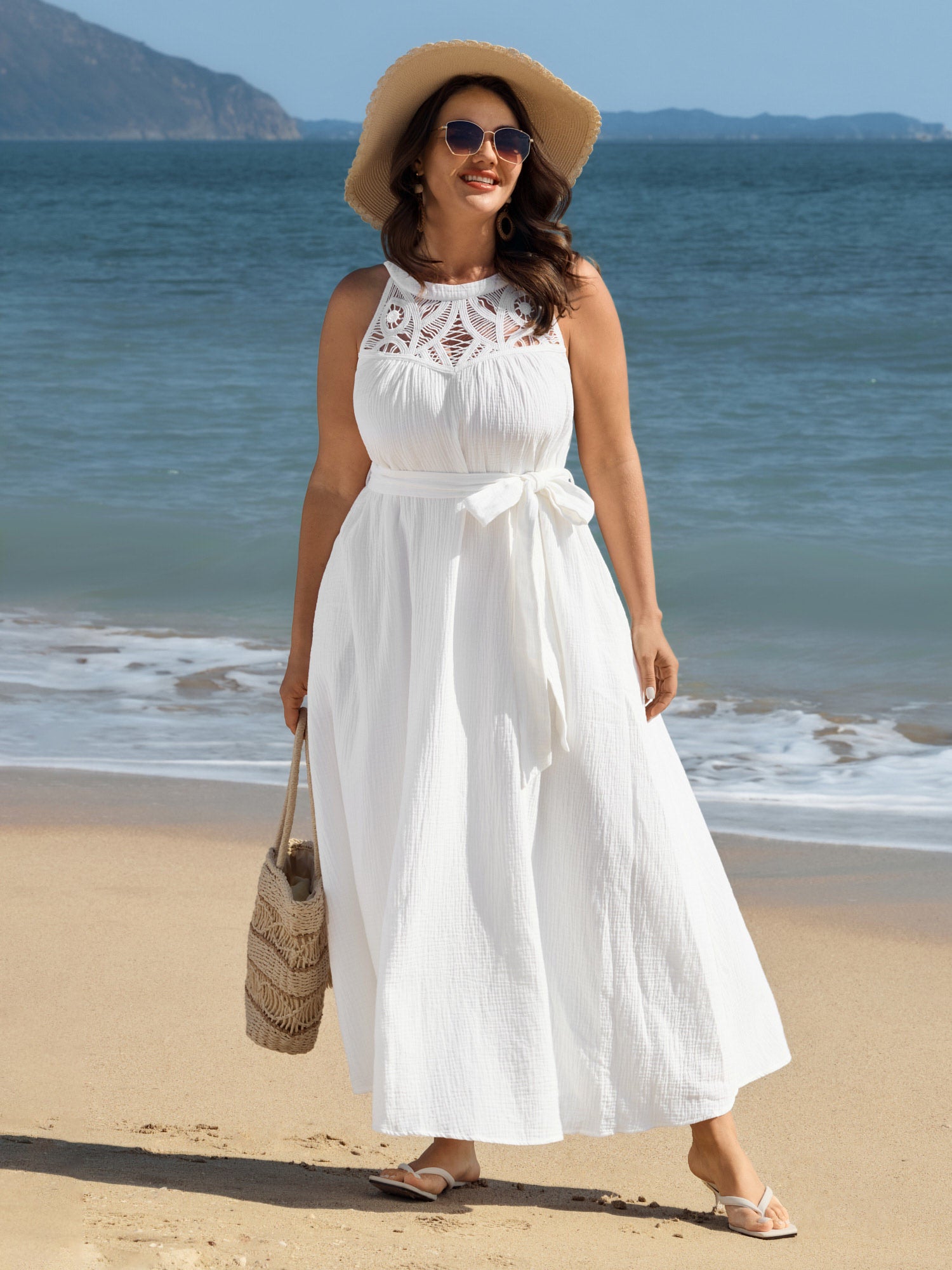 Cotton Sheer Lace Neckline Waist-Tie Maxi Dress