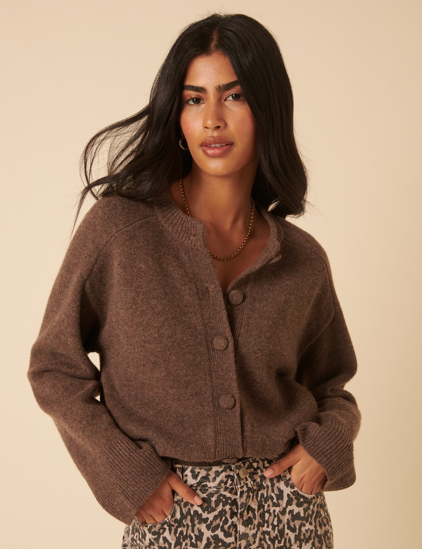 Brown Wool Crew Neck Cardigan