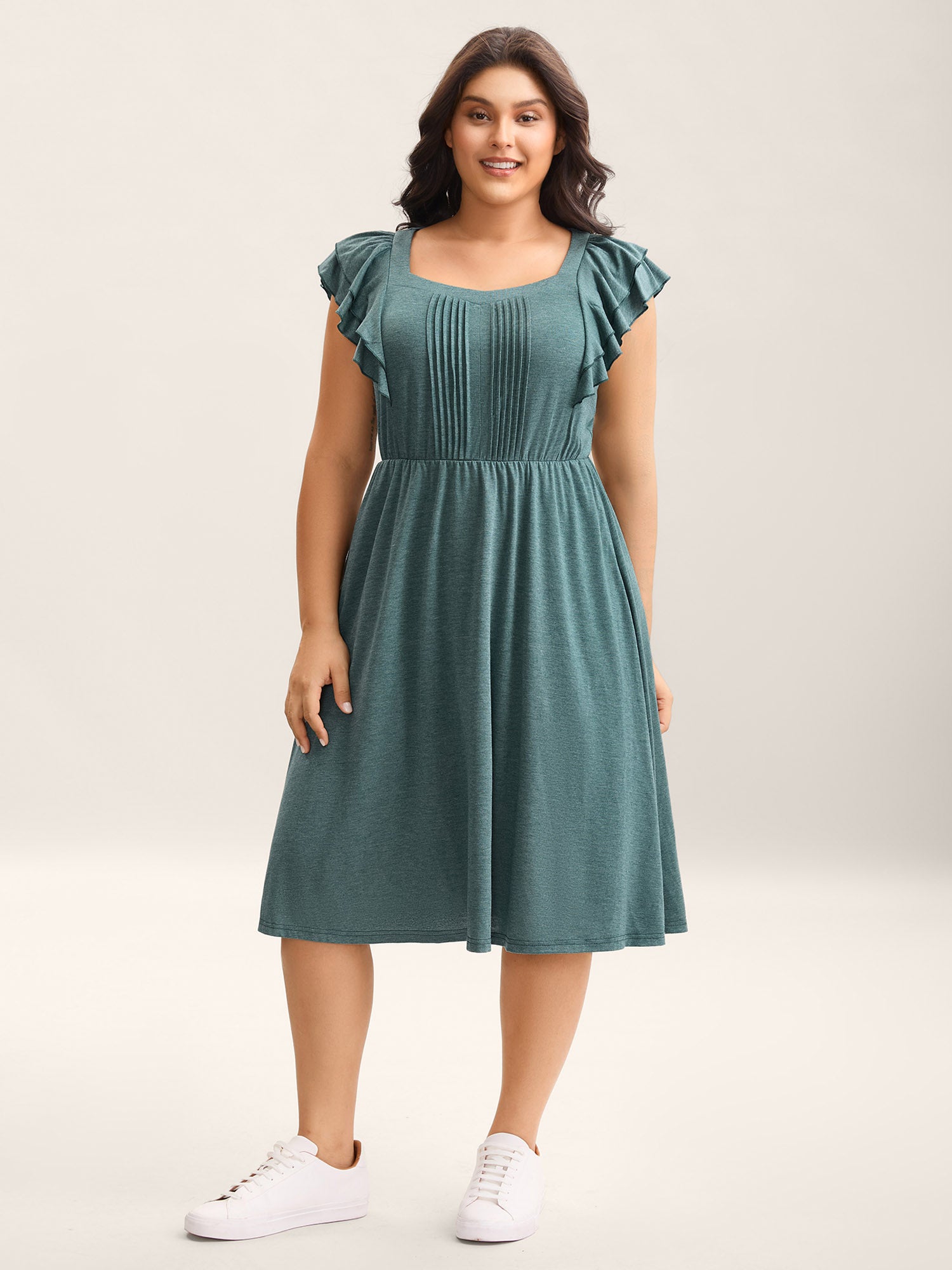 Stretchy Flutter Sleeve Pleated Midi Dress