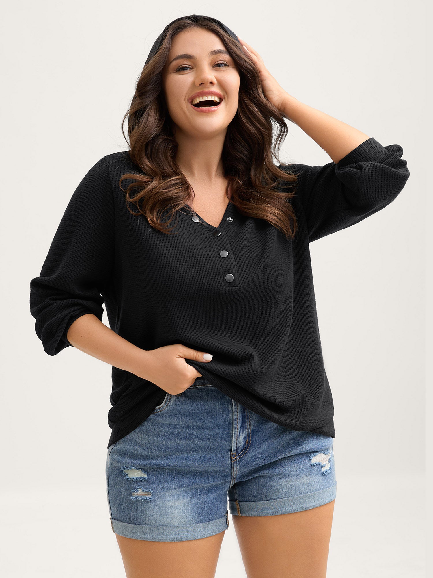 Textured Snap Buttons Hooded Sweatshirt