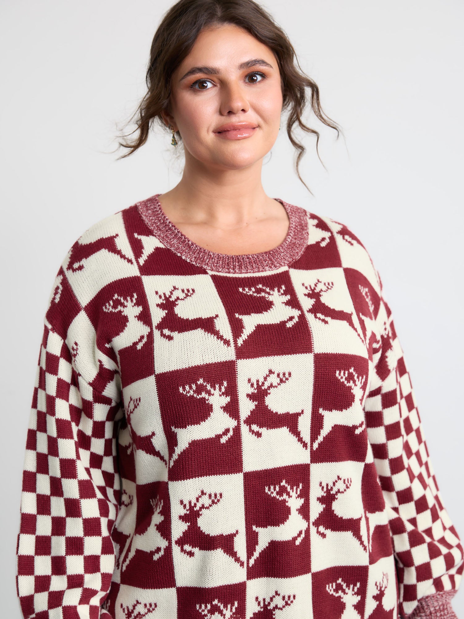 Checkered Colorblock Jacquard Reindeer Pullover