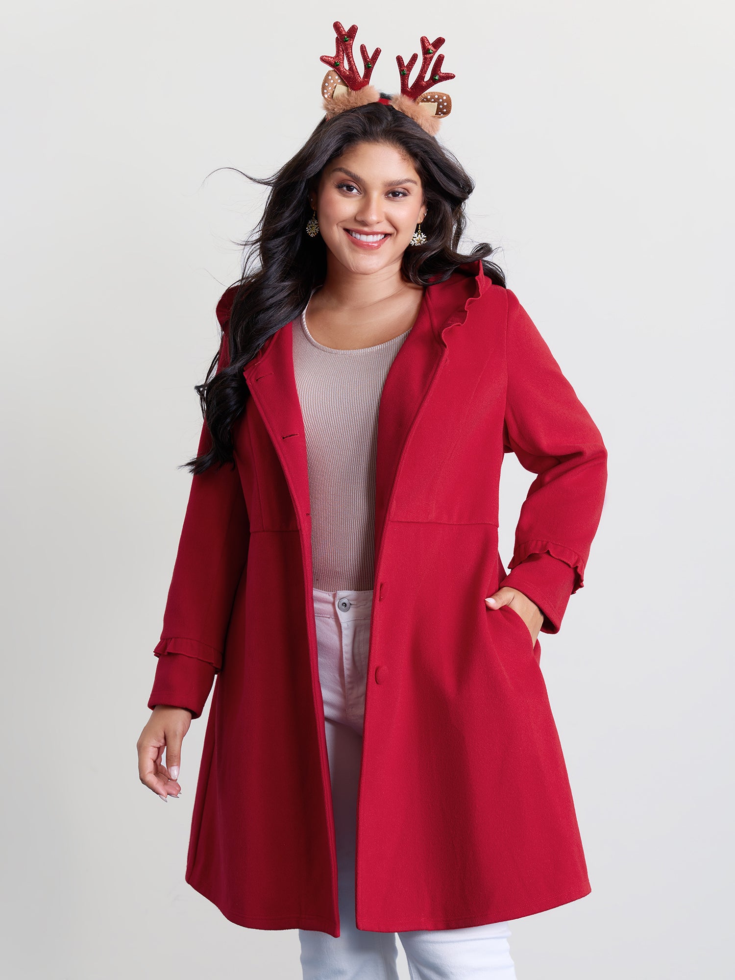 Ruffle Trim Waist-Defining Pockets Coat