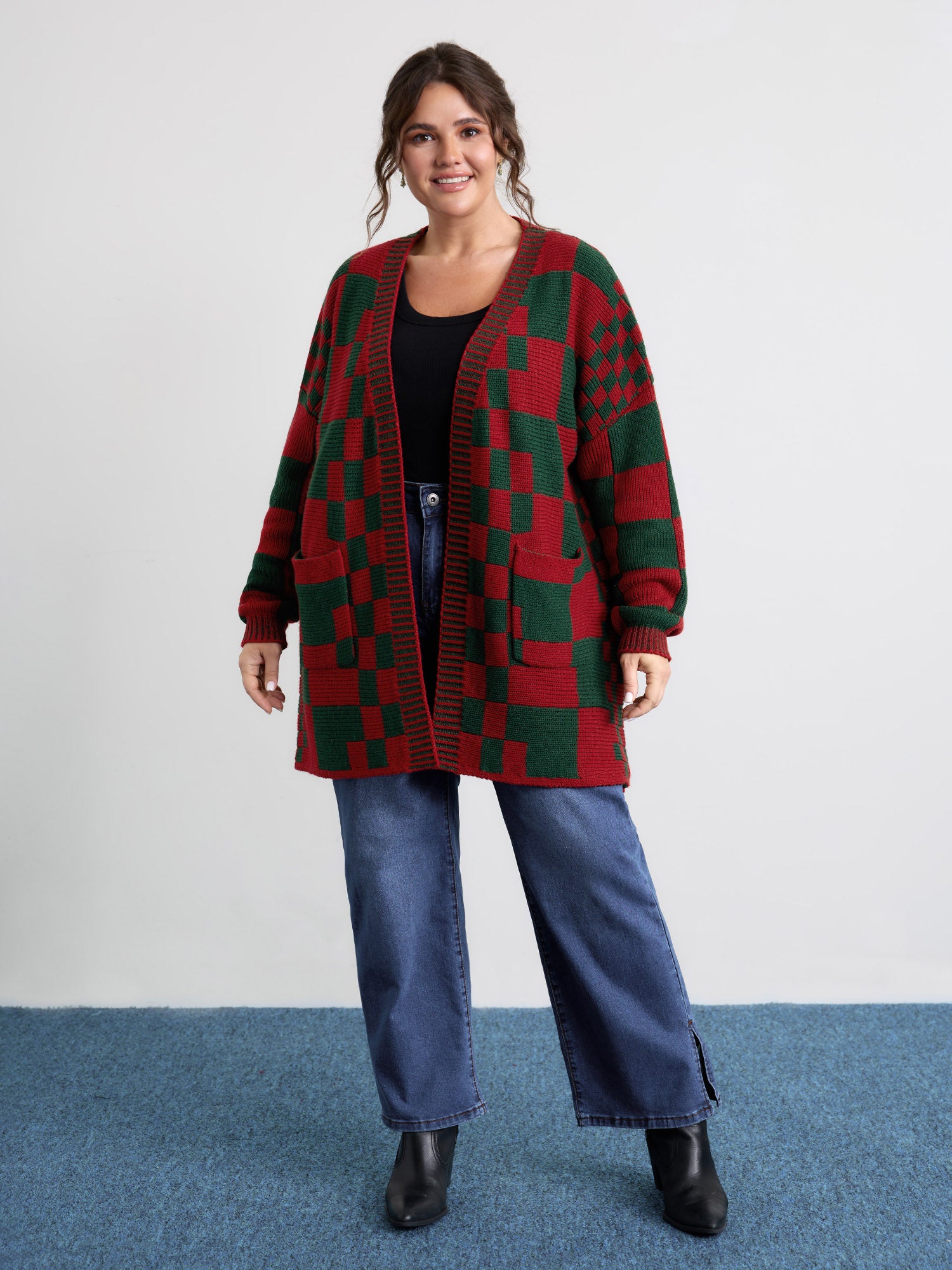 Holiday Checkered Open-Front Knit Cardigan