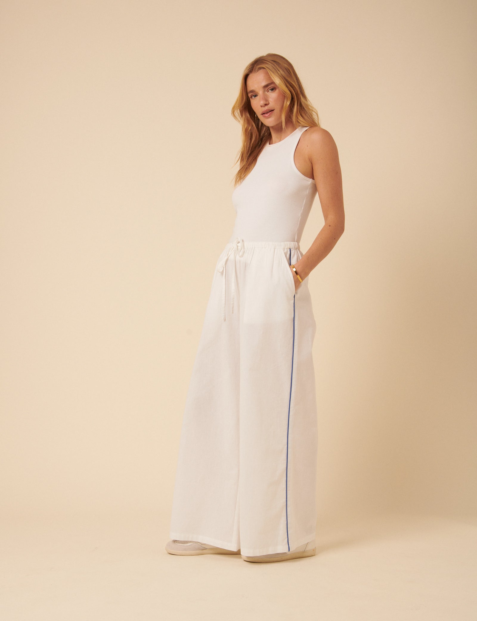 White Side Stripe Wide Leg Trousers