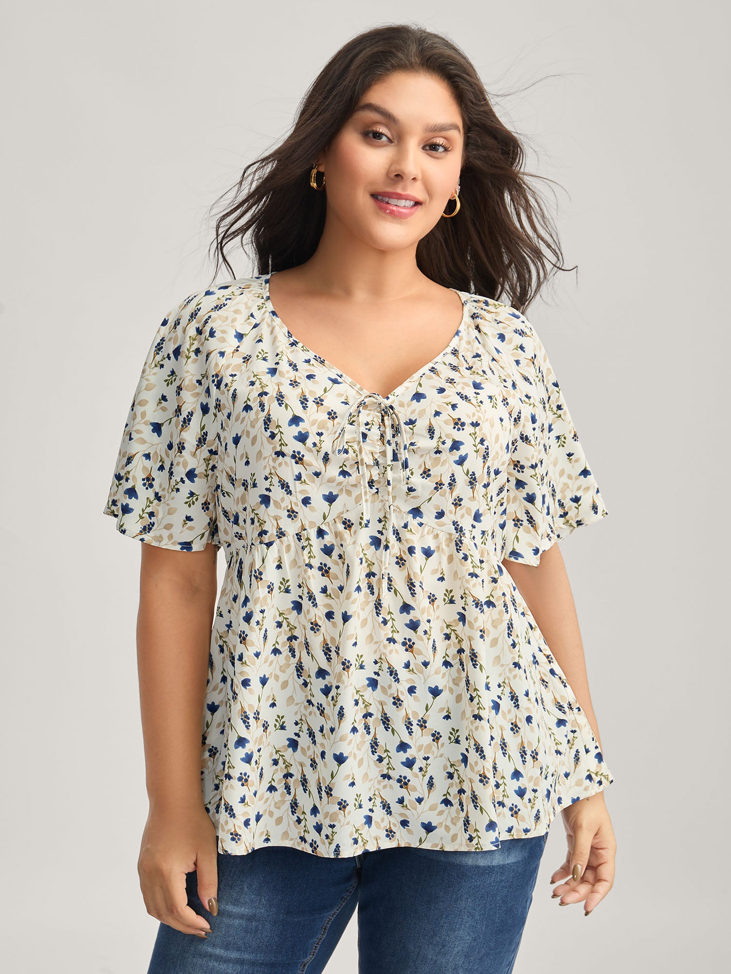 Bust-Comfort Floral Print Tie Blouse