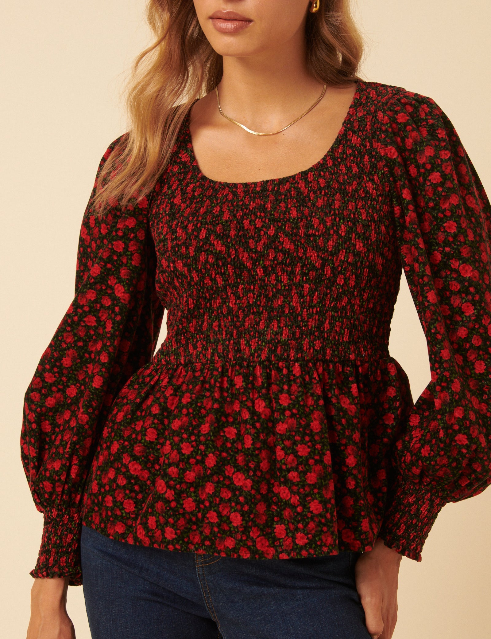 Red Floral Shirred Balloon Sleeve Top