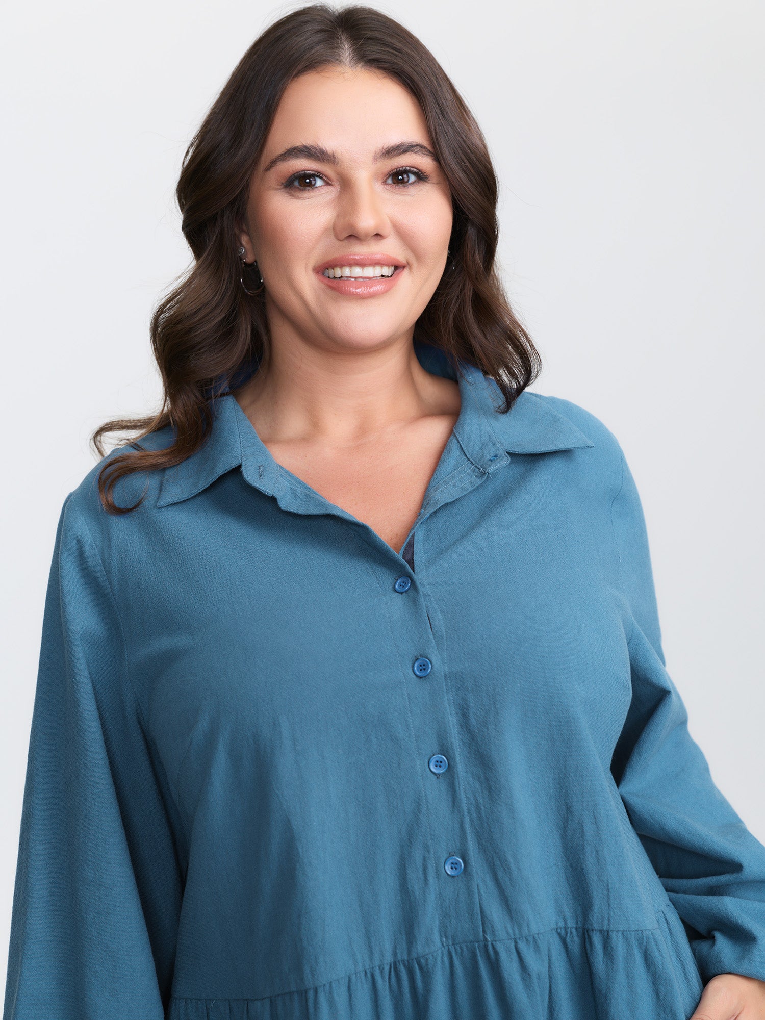 Shirt Collar Button Side Pockets Midi Dress