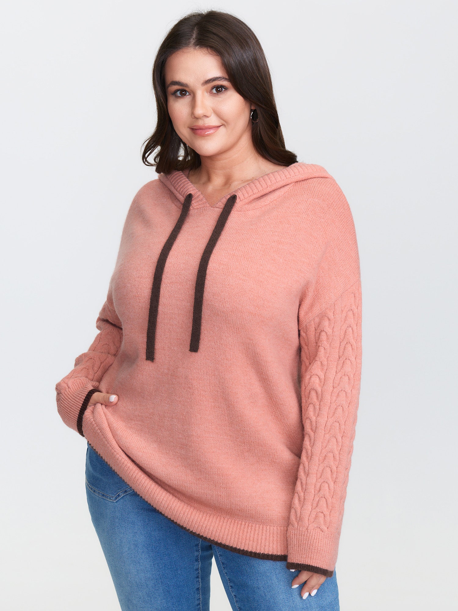 Textured Color Contrast Hooded Pullover