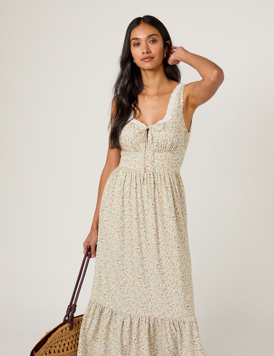 White Ditsy Floral Tiered Heather Midi Dress