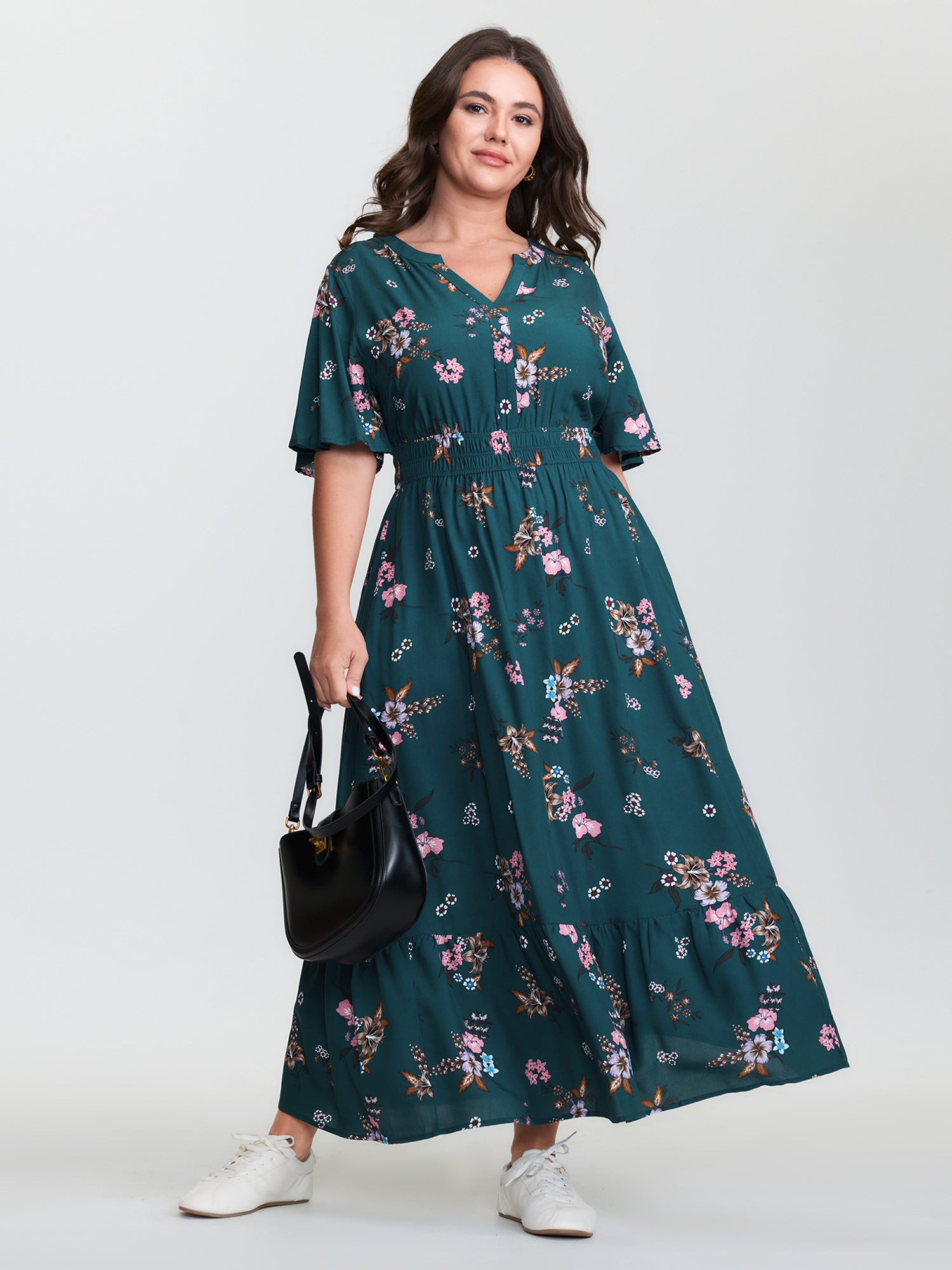 Floral Print Pockets Notched Collar Maxi Dress