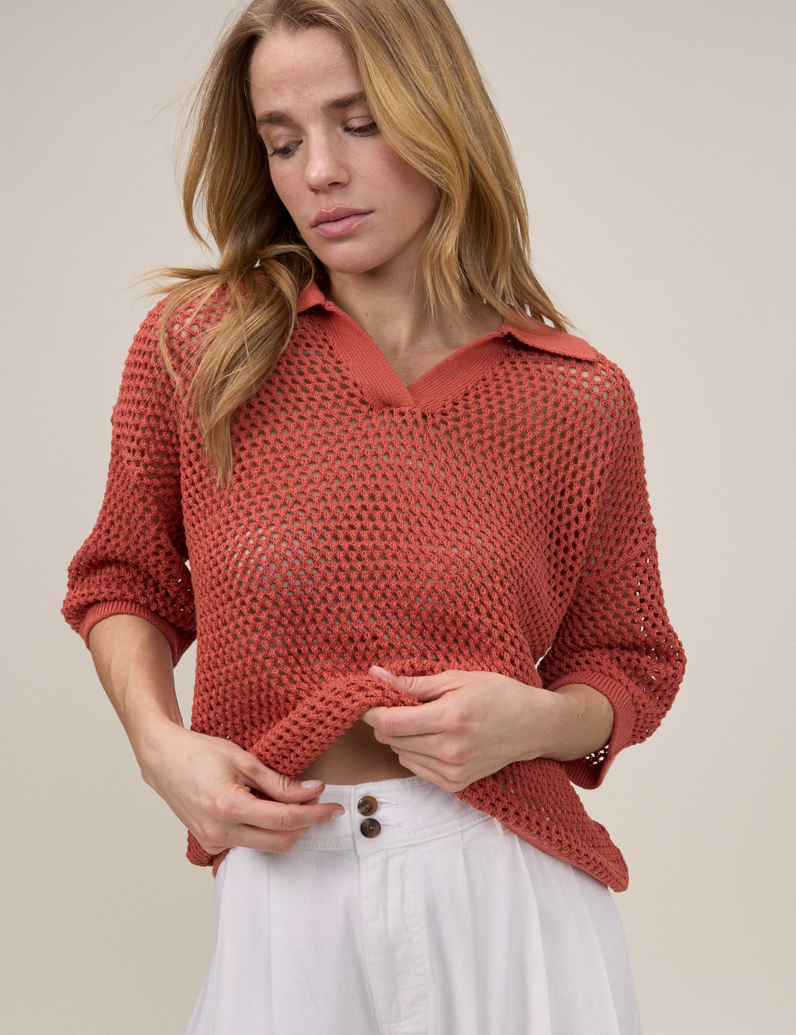 Orange Open Collar Polo Knitted Top