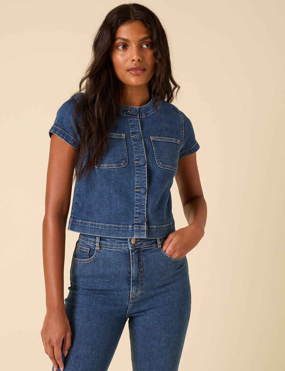Mid-wash Denim Button Down Top