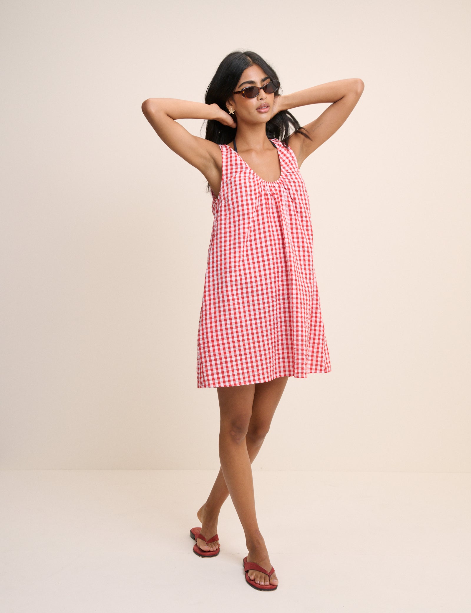 Red Gingham Scoop Neck Mini Beach Dress