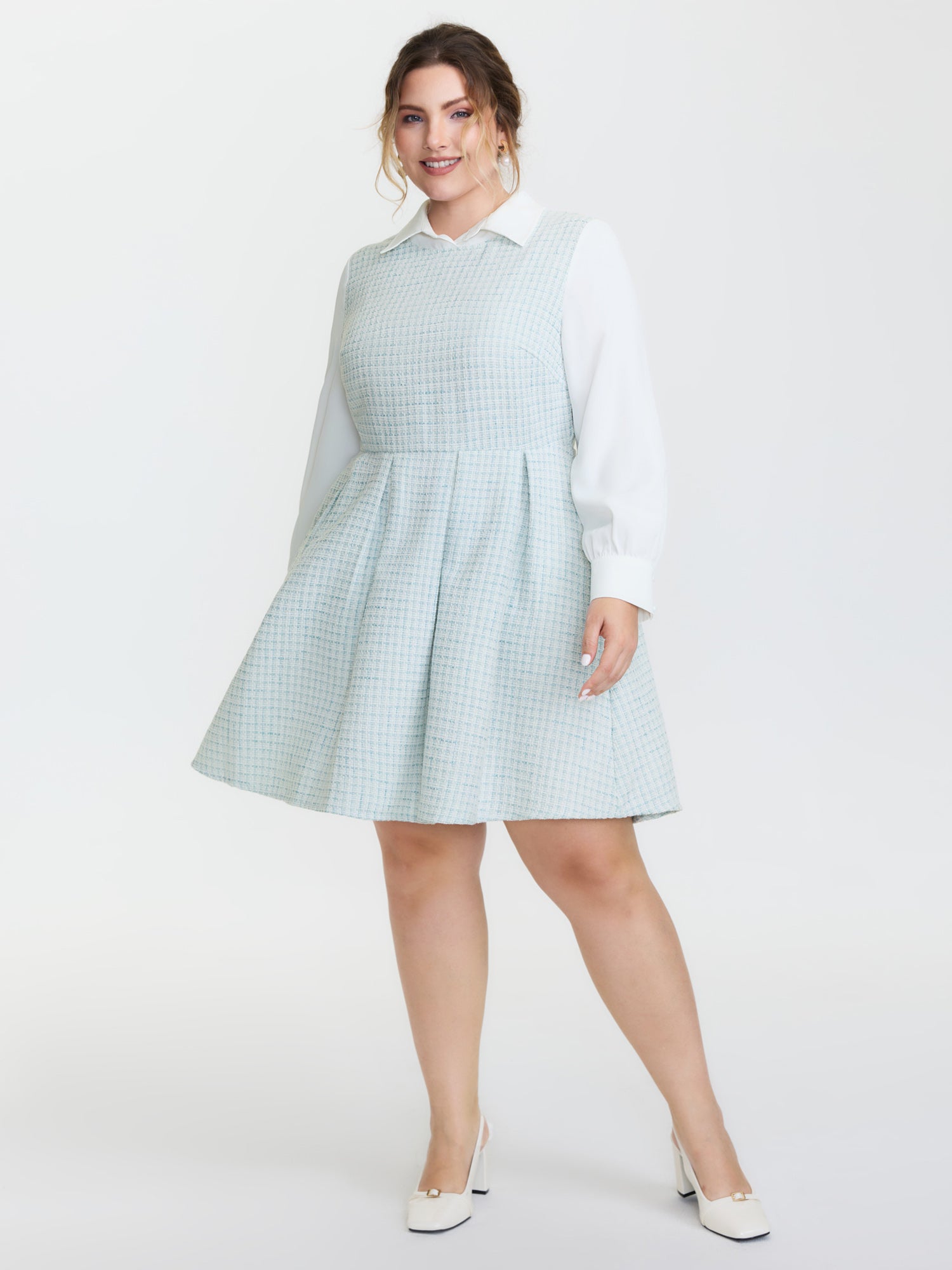 Tweed Colorblock Pleated Midi Dress