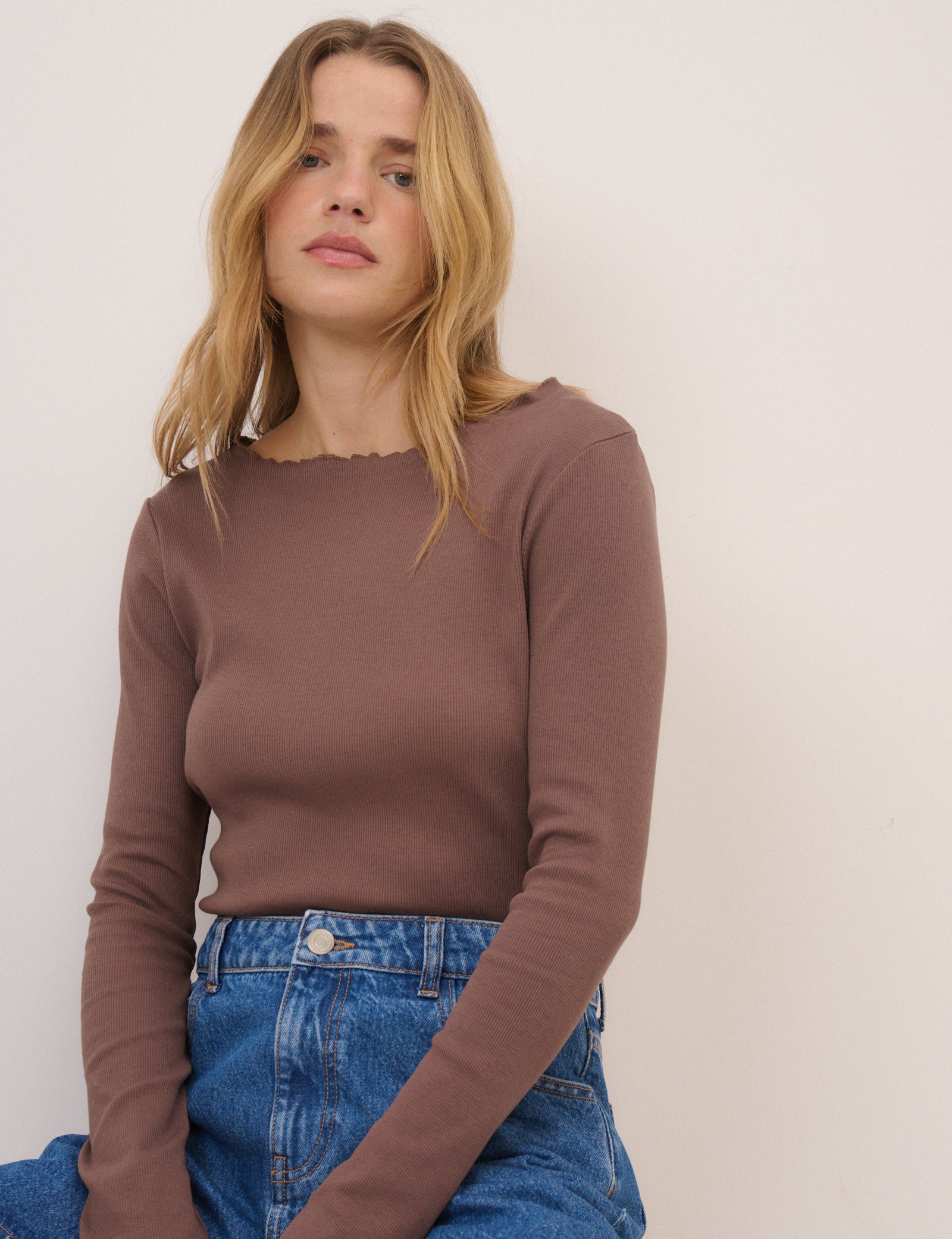 Brown Boat Neck Frill Ribbed Top